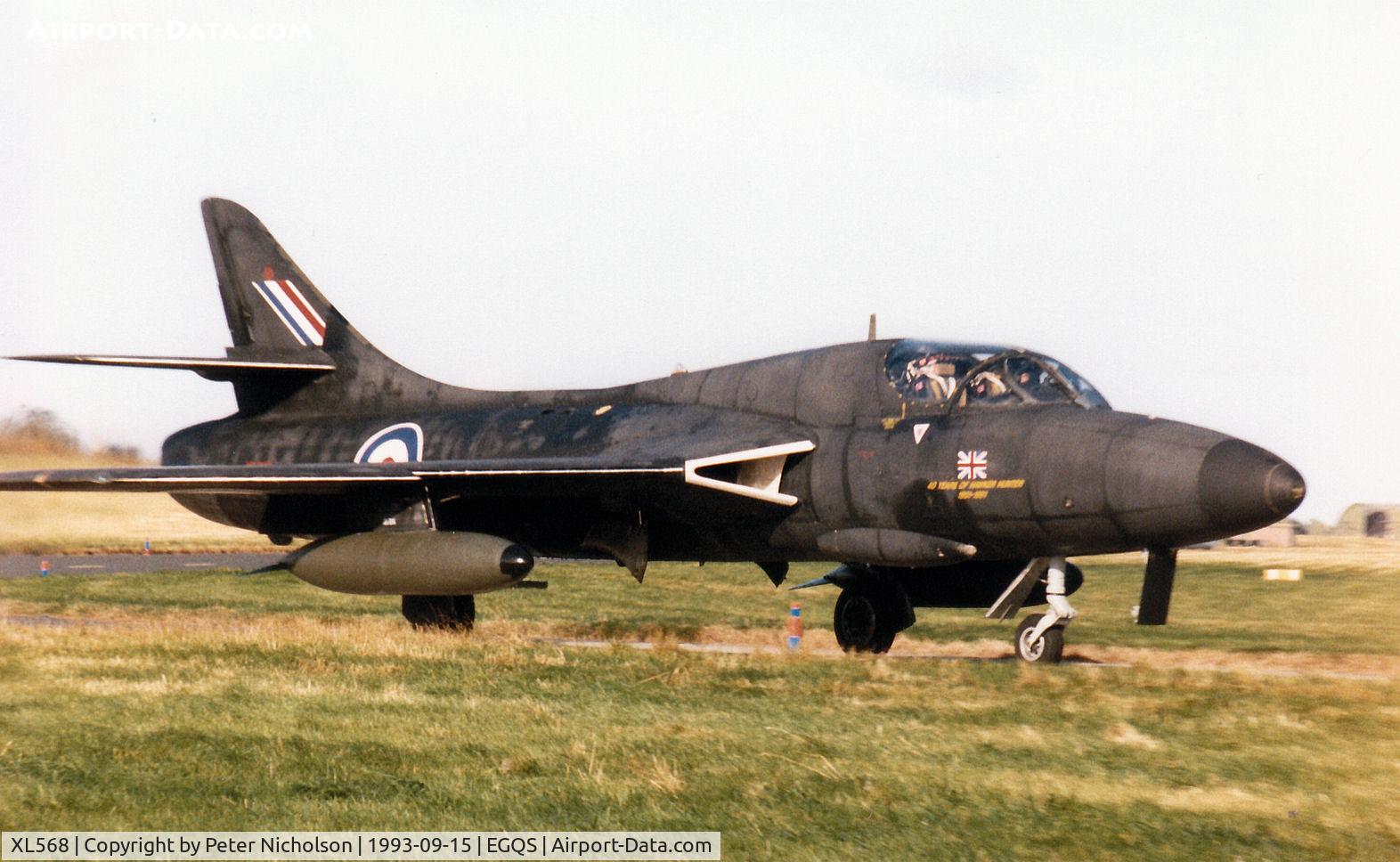XL568, 1958 Hawker Hunter T.7A C/N 41H-693719, Hunter T.7A with 40th anniversary markings taxying to Runway 05 at RAF Lossiemouth in the Summer of 1993.