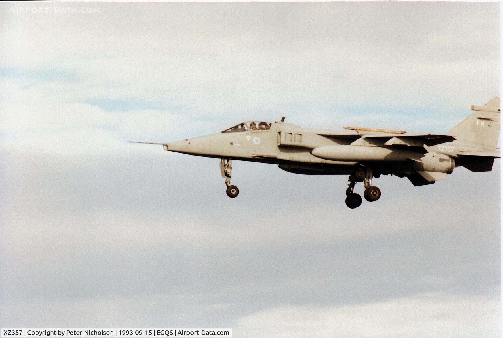 XZ357, 1976 Sepecat Jaguar GR.1A C/N S.124, Jaguar GR.1A of 41 Squadron at RAF Coltishall on final approach to Runway 23 at RAF Lossiemouth in the Summer of 1993.