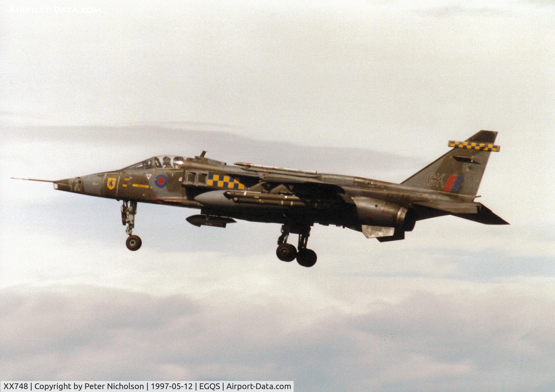 XX748, 1974 Sepecat Jaguar GR.1 C/N S.45, Jaguar GR.1A of 54 Squadron at RAF Coltishall on final approach to Runway 23 at RAF Lossiemouth in the Summer of 1997.