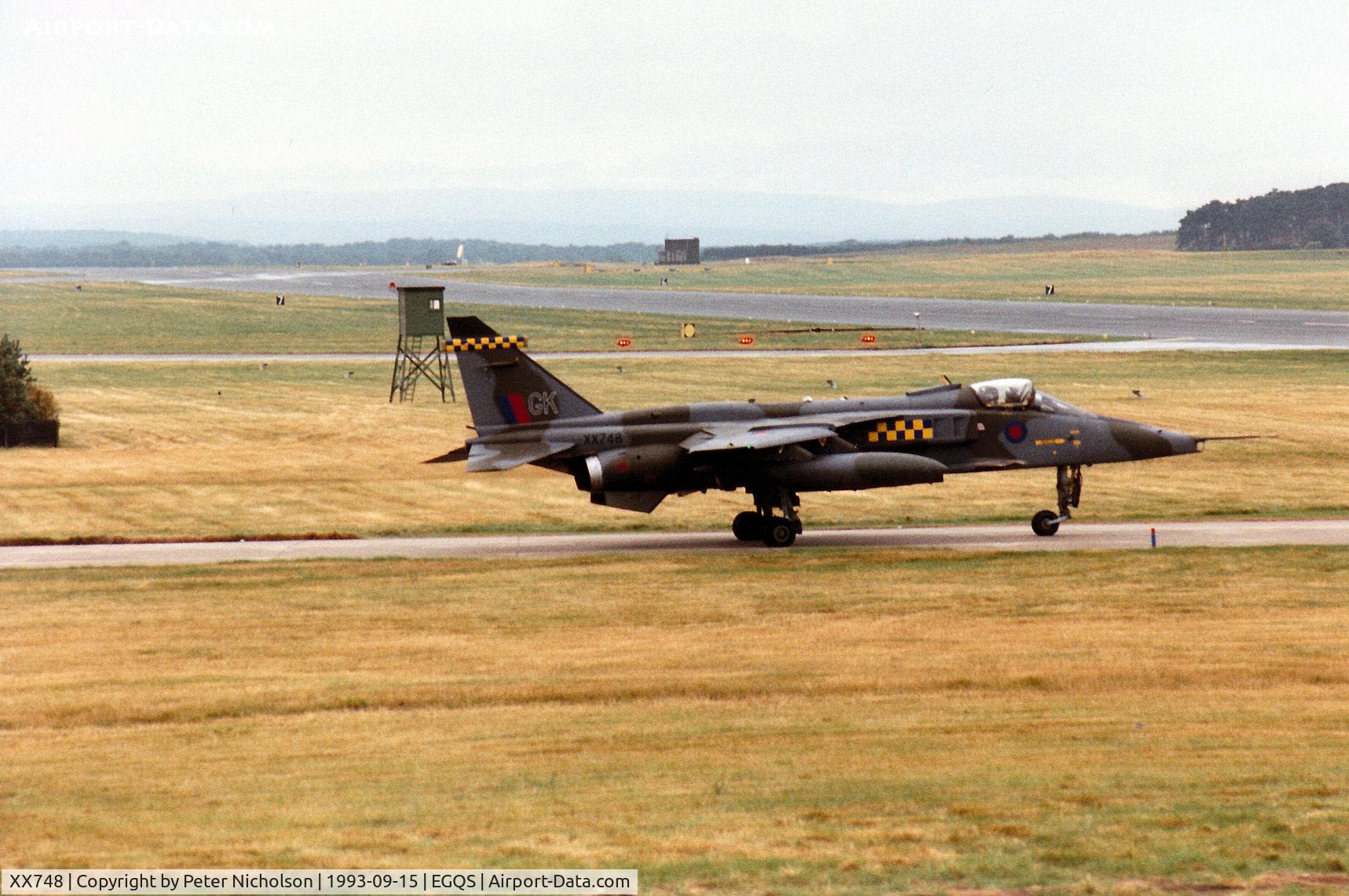 XX748, 1974 Sepecat Jaguar GR.1 C/N S.45, Jaguar GR.1A of 54 Squadron at RAF Coltishall awaiting clearance to join the active runway at RAF Lossiemouth in the Summer of 1993.