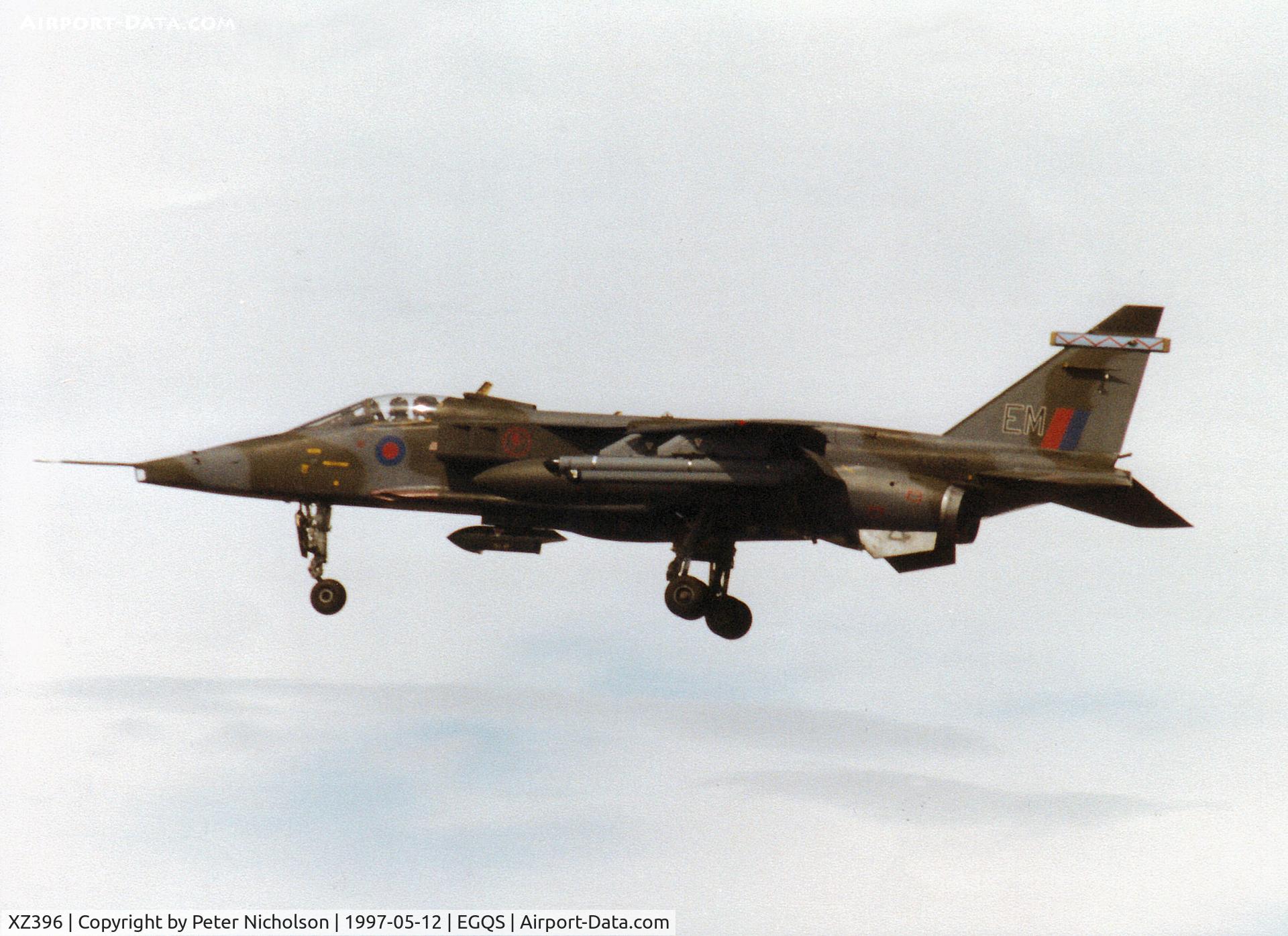 XZ396, 1977 Sepecat Jaguar GR.1A C/N S.161, Jaguar GR.1A, callsign Blackcat 1, of 6 Squadron at RAF Coltishall on final approach to Runway 23 at RAF Lossiemouth in the Summer of 1997.