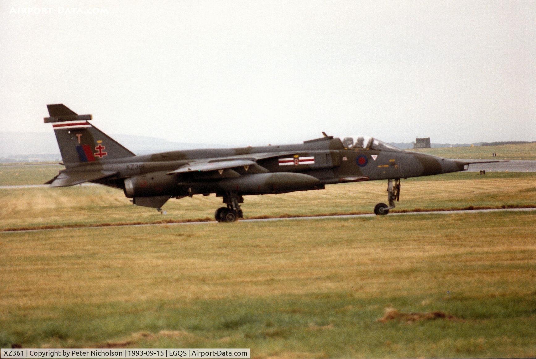 XZ361, 1976 Sepecat Jaguar GR.1A C/N S.128, Jaguar GR.1A of 41 Squadron at RAF Coltishall taxying to Runway 23 at RAF Lossiemouth in
the Summer of 1993.