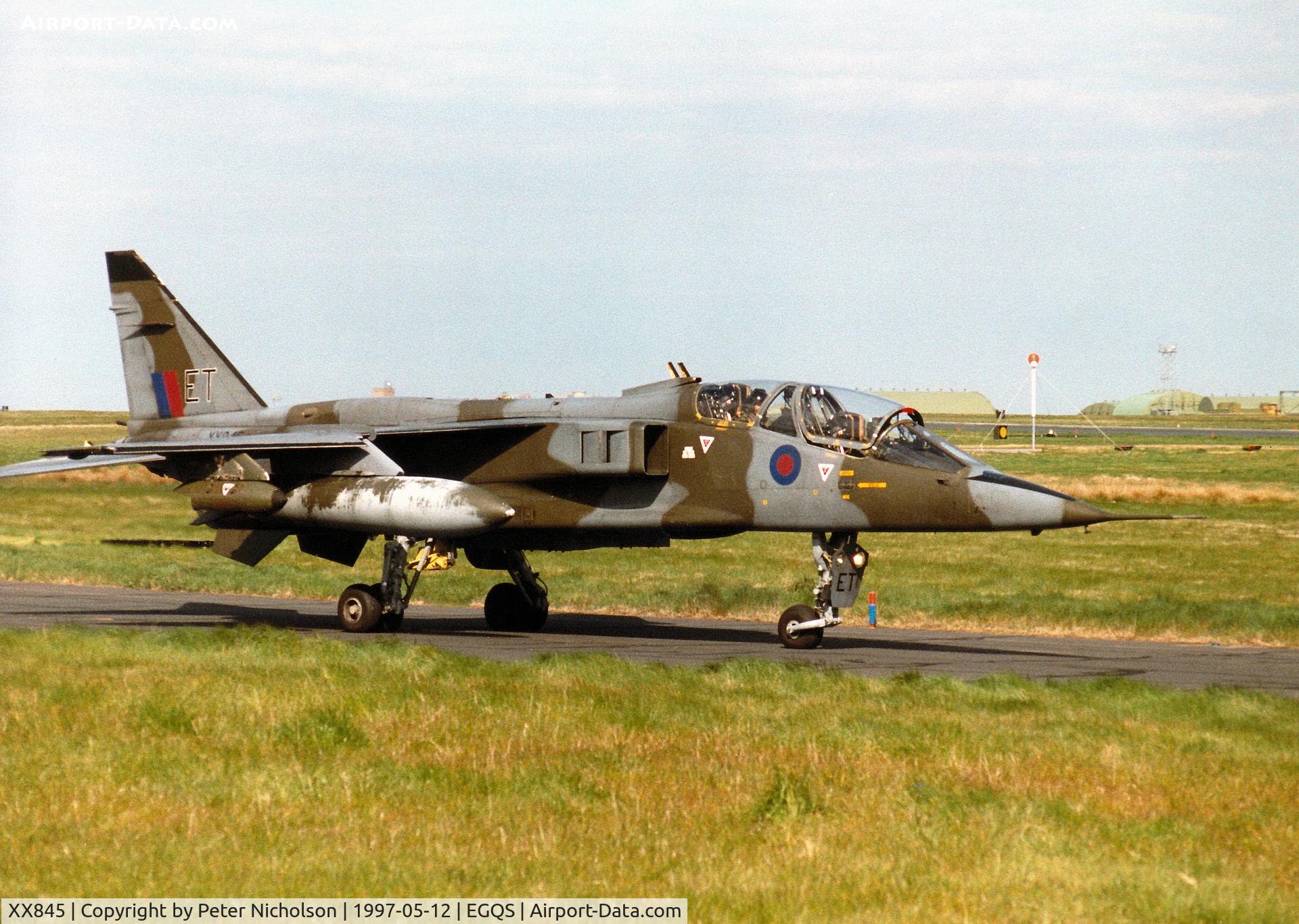 XX845, 1975 Sepecat Jaguar T.2 C/N B.33, Jaguar T.2A of 6 Squadron at RAF Coltishall taxying to Runway 23 at RAF Lossiemouth in the Summer of 1997.