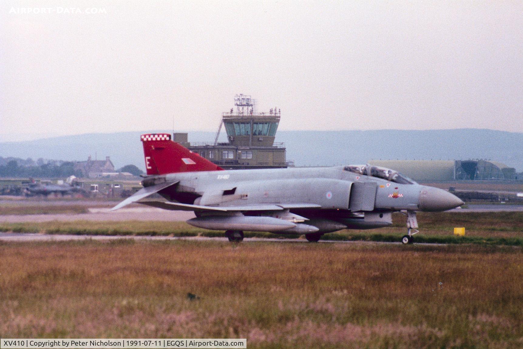 XV410, 1969 McDonnell Douglas Phantom FGR2 C/N 2964/9240, Phantom FGR.2 of 56 Squadron at RAF Wattisham taxying to Runway 23 at RAF Lossiemouth in the Summer of 1991.