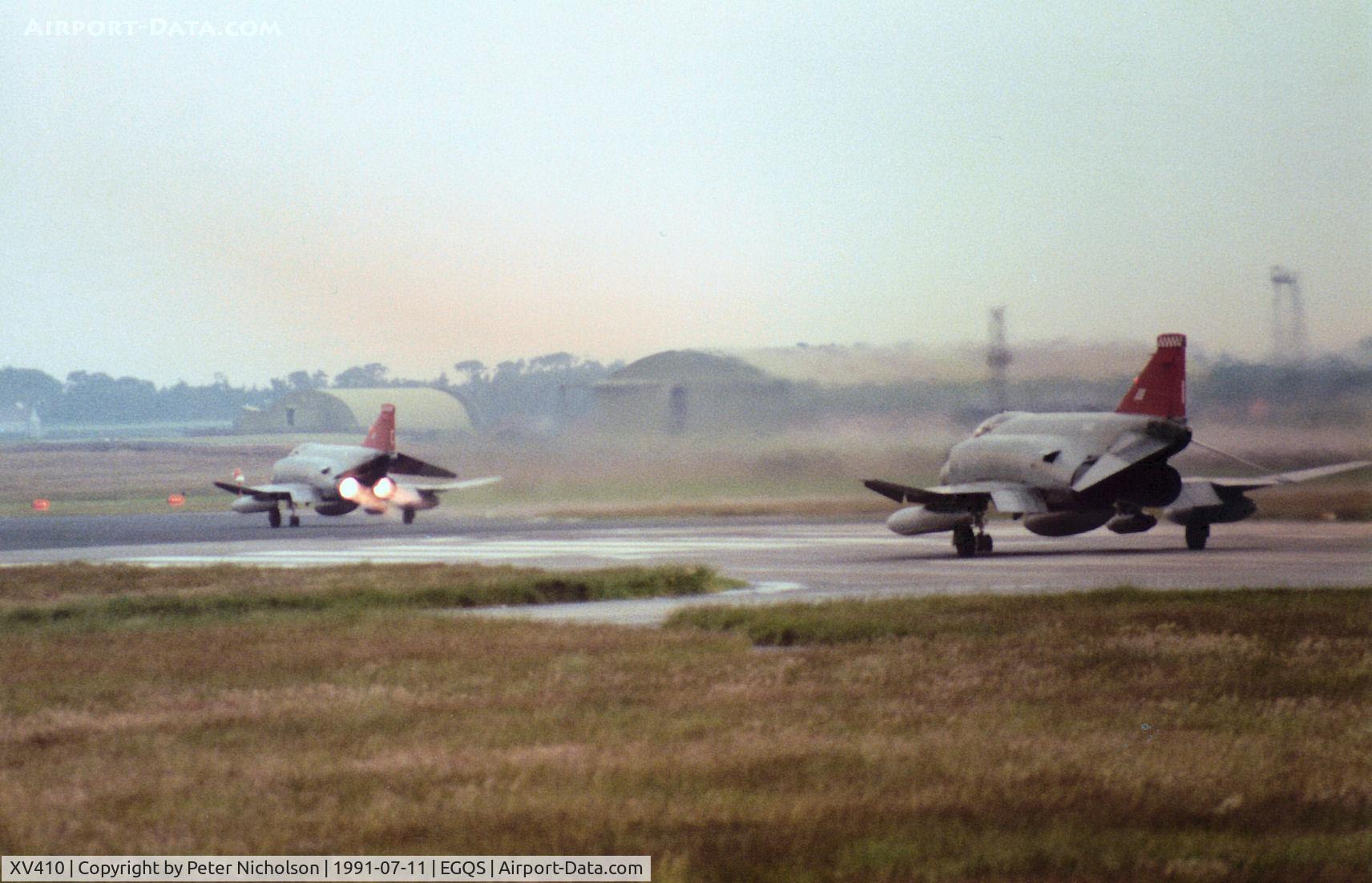 XV410, 1969 McDonnell Douglas Phantom FGR2 C/N 2964/9240, Phantom FGR.2 of 56 Squadron at RAF Wattisham taking off on Runway 23 at RAF Lossiemouth in the Summer of 1971 with companion XV424 to follow.