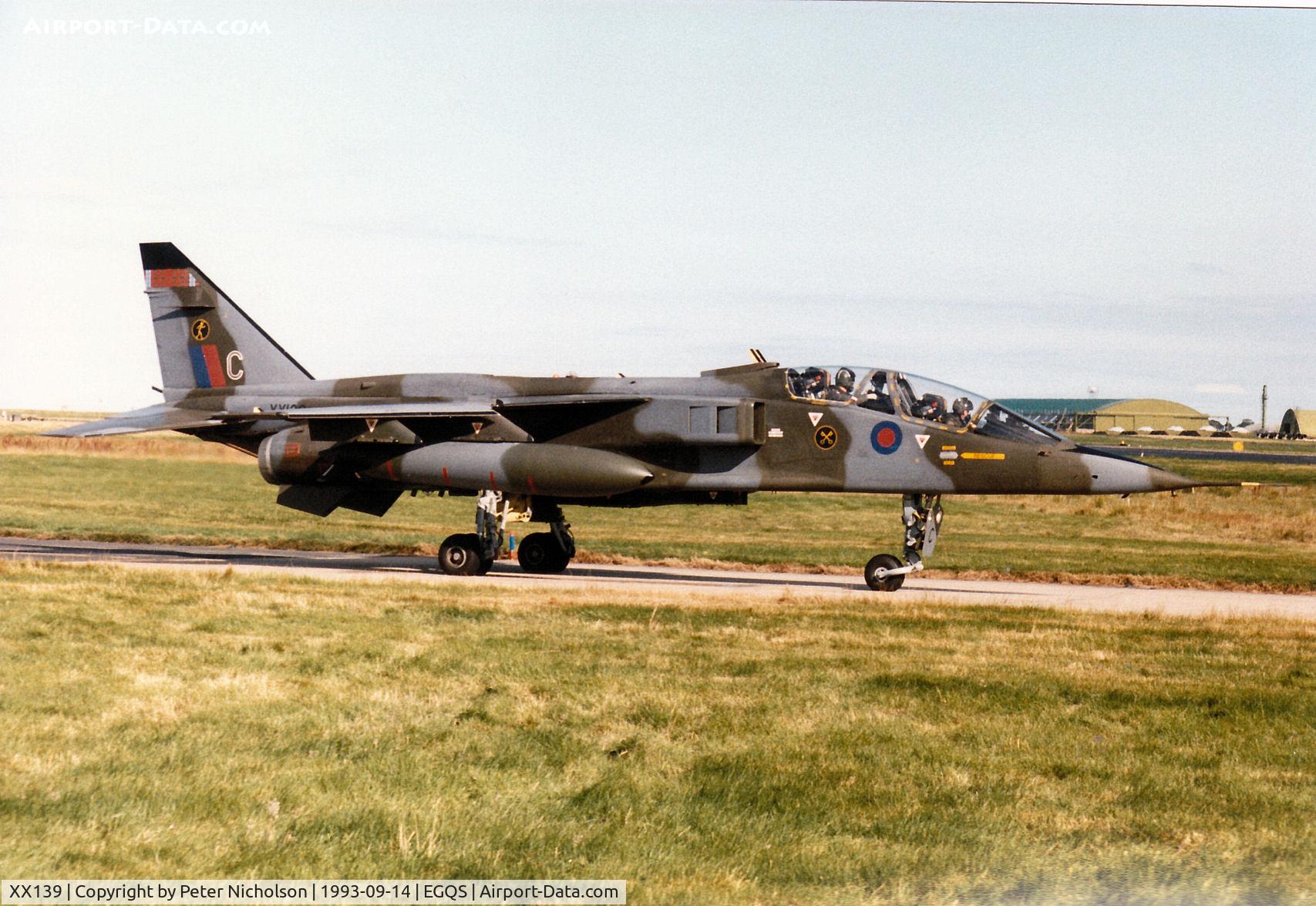 XX139, 1973 Sepecat Jaguar T.2A C/N B.4, Jaguar T.2A of 16[Reserve] Squadron taxying to Runway 05 at RAF Lossiemouth in the Summer of 1993.
