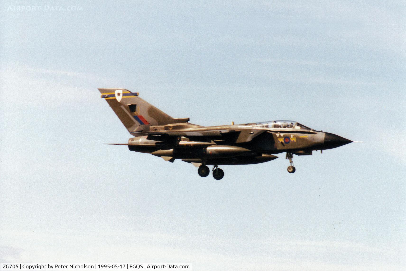 ZG705, 1989 Panavia Tornado GR.1A C/N 811/BS172/3387, Tornado GR.1A of 13 Squadron at RAF Marham on final approach to RAF Lossiemouth in the Summer of 1995.