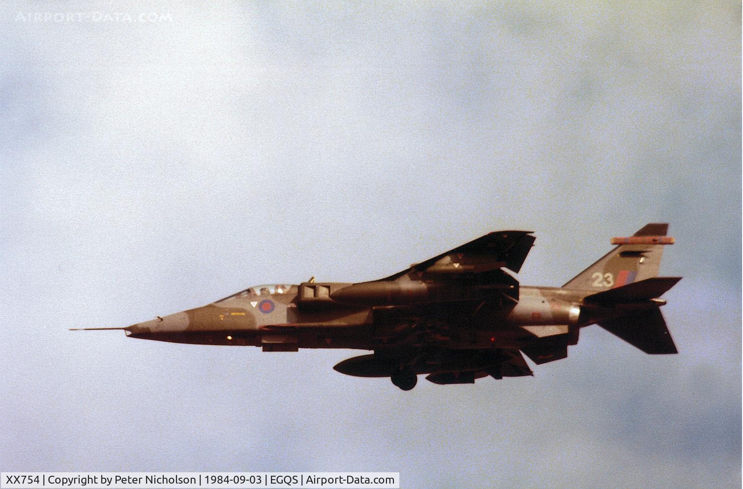 XX754, 1975 Sepecat Jaguar GR.1 C/N S.51, Jaguar GR.1 of 226 Operational Conversion Unit on final approach to Runway 23 at RAF Lossiemouth in the Summer of 1984.