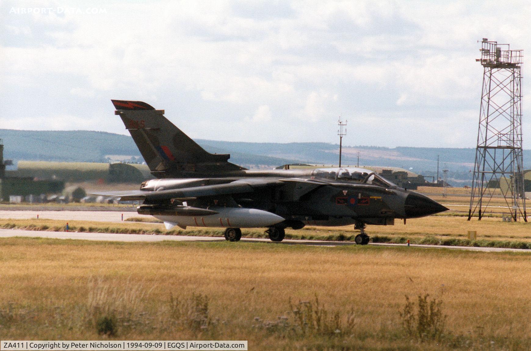 ZA411, 1983 Panavia Tornado GR.1 C/N 229/BT035/3110, Tornado GR.1 of 617 Squadron taxying to Runway 23 at RAF Lossiemouth in the Summer of 1994.