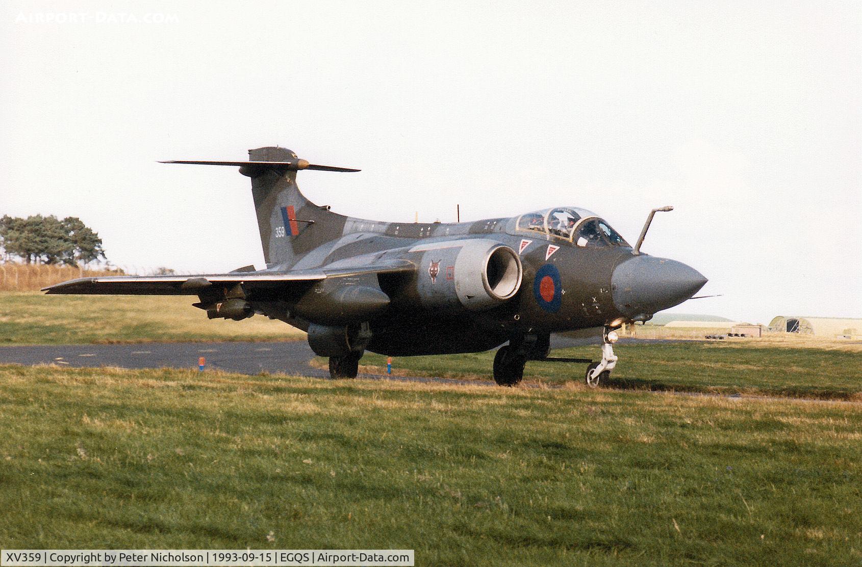 XV359, 1968 Hawker Siddeley Buccaneer S.2B C/N B3-09-67, Buccaneer S.2B of 12 Squadron taxying to Runway 05 at RAF Lossiemouth in the Summer of 1993.