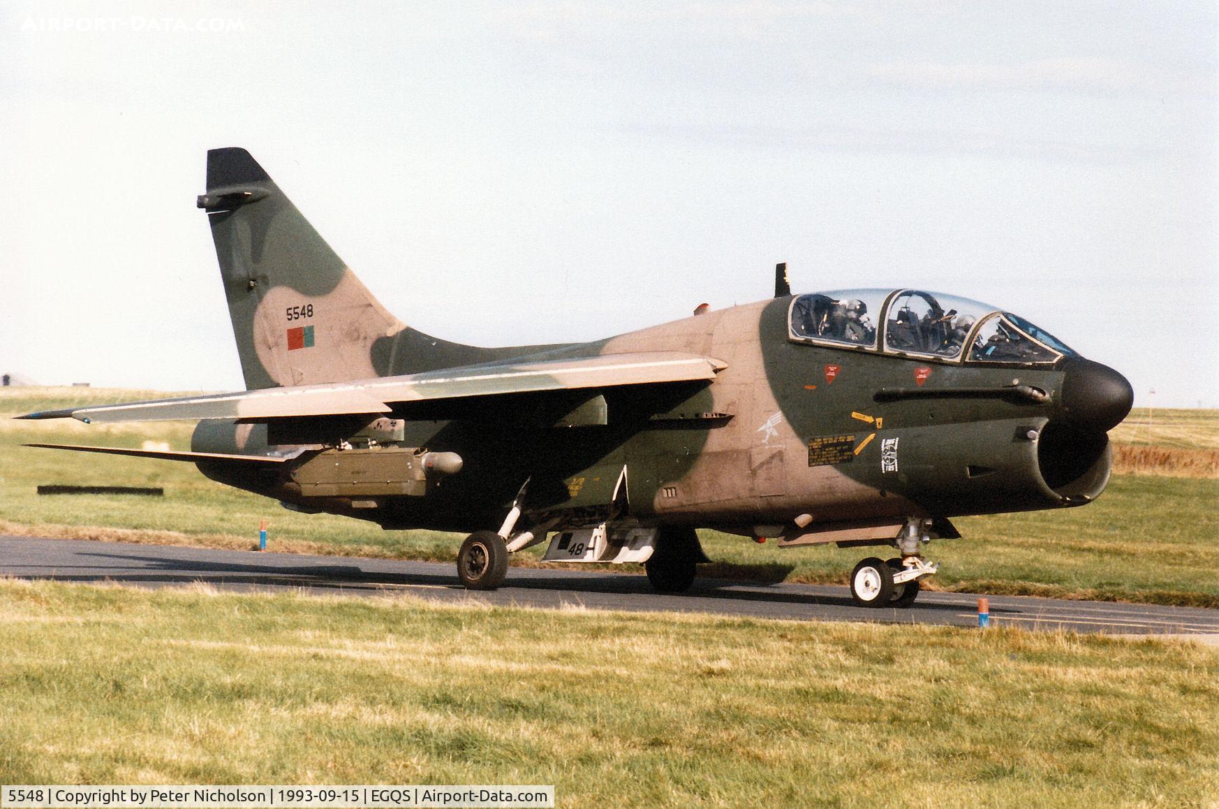 5548, LTV TA-7P Corsair II C/N A-158, Portuguese Air Force TA-7P Corsair II of 304 Esquadron taxying to Runway 05 at RAF Lossiemouth in the Summer of 1993.