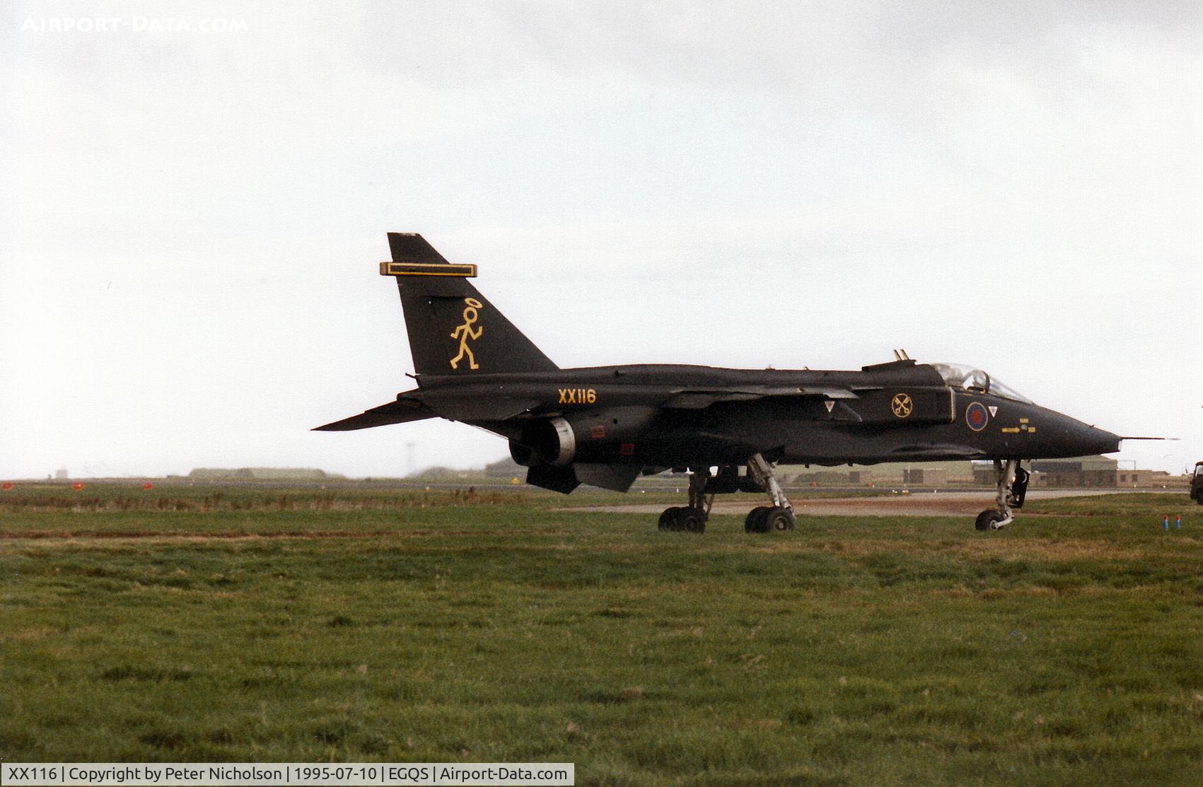 XX116, 1973 Sepecat Jaguar GR.1A C/N S.9, Jaguar GR.1A of 16[Reserve] Squadron taxying to Runway 05 at RAF Lossiemouth in the Summer of 1995.