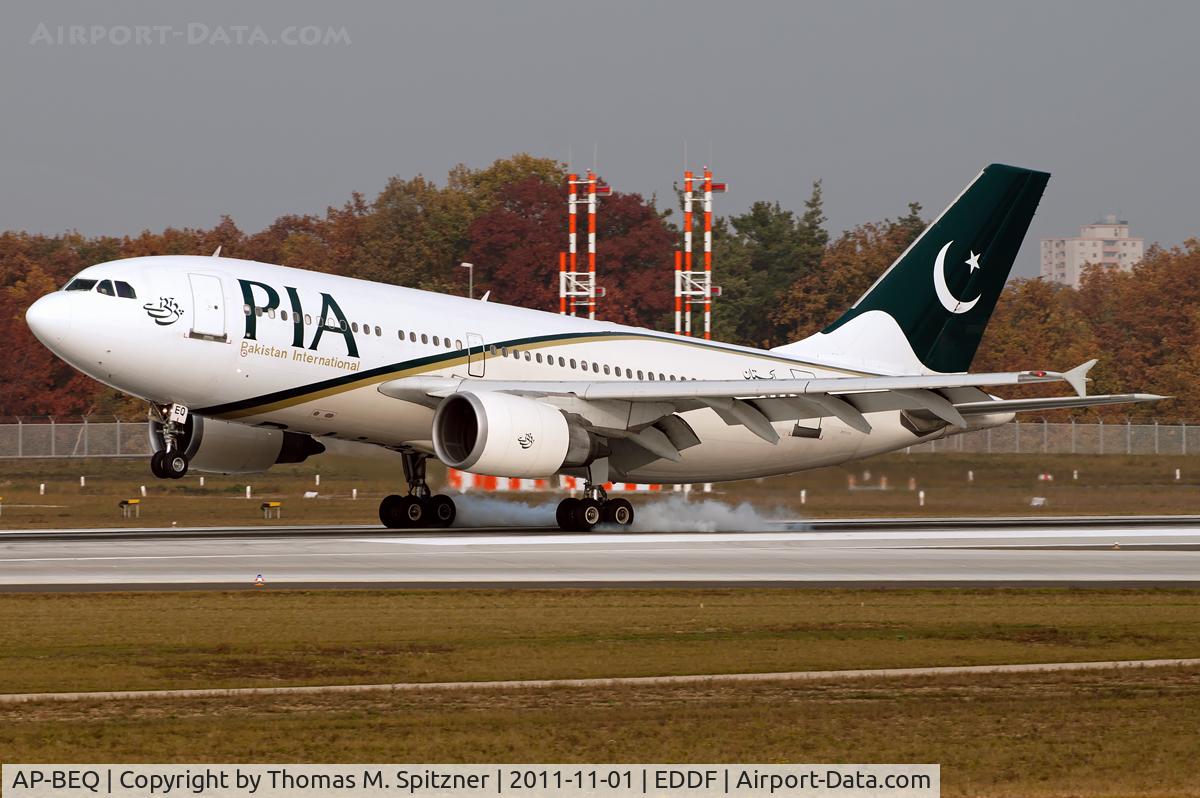 AP-BEQ, 1992 Airbus A310-308 C/N 656, PIA Pakistan International Airlines AP-BEQ smokey touchdown Rwy25R at FRA