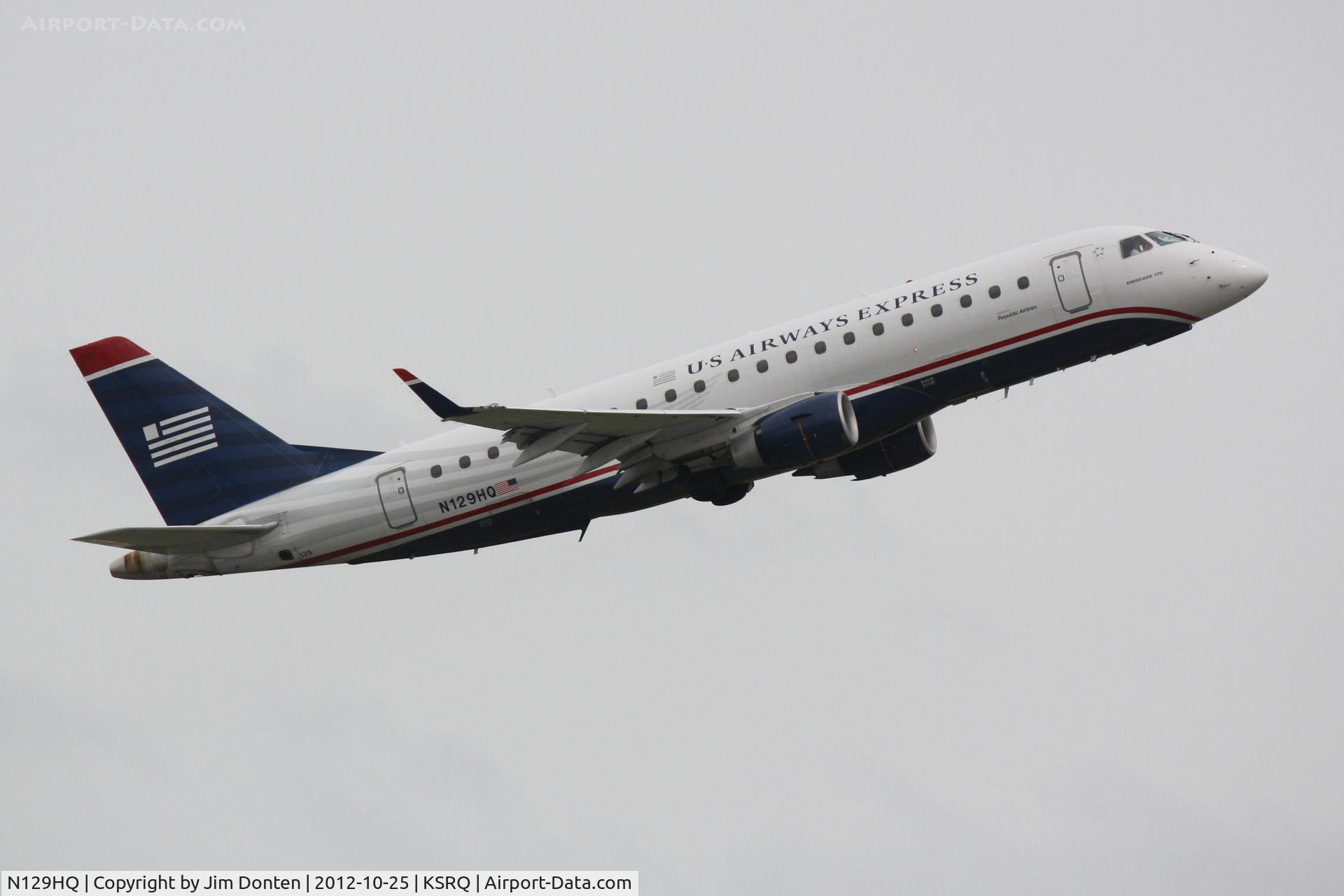 N129HQ, 2008 Embraer 175LR (ERJ-170-200LR) C/N 17000211, US Air Flight 3230 operated by Republic (N129HQ) departs Sarasota-Bradenton International Airport enroute to Charlotte-Douglas International Airport