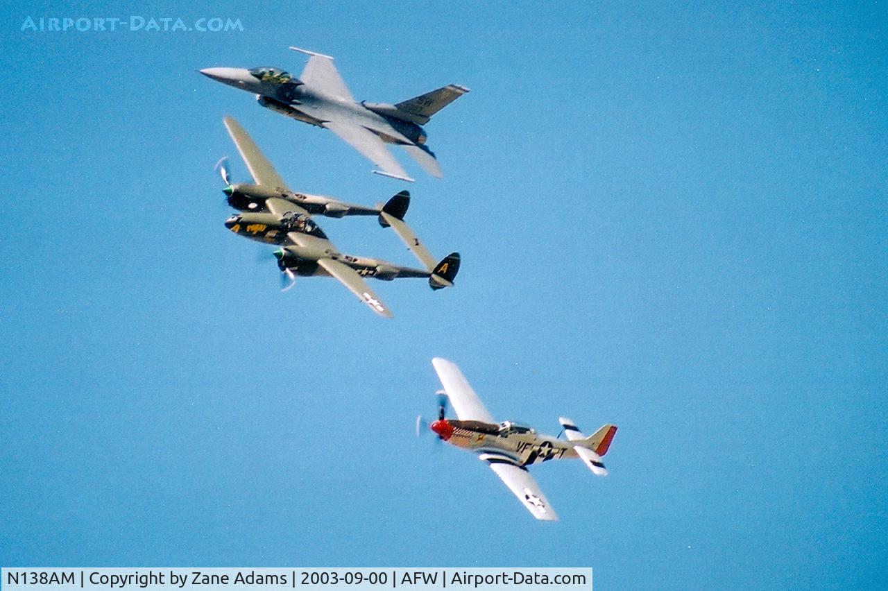 N138AM, 1943 Lockheed P-38J Lightning C/N 44-23314, N138AM (P-38), N51VF (P-51),  98-003 (F-16) Heritage Flight during the 2003 Alliance Airshow