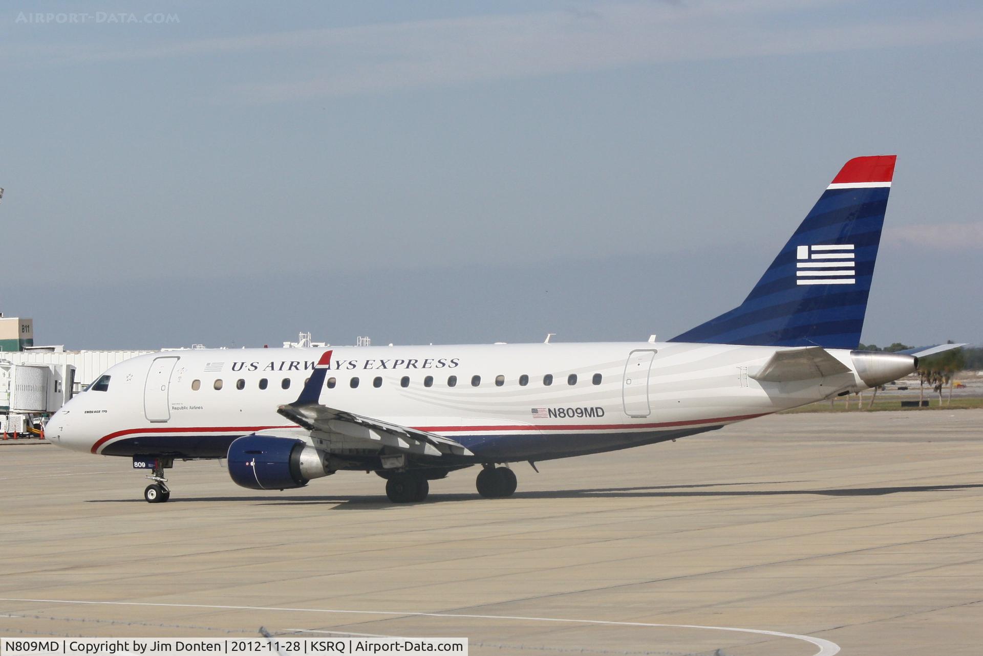 N809MD, 2004 Embraer 170SU (ERJ-170-100SU) C/N 17000022, US Air Flight 3396 operated by Republic (N809MD) prepares for flight at Sarasota-Bradenton International Airport