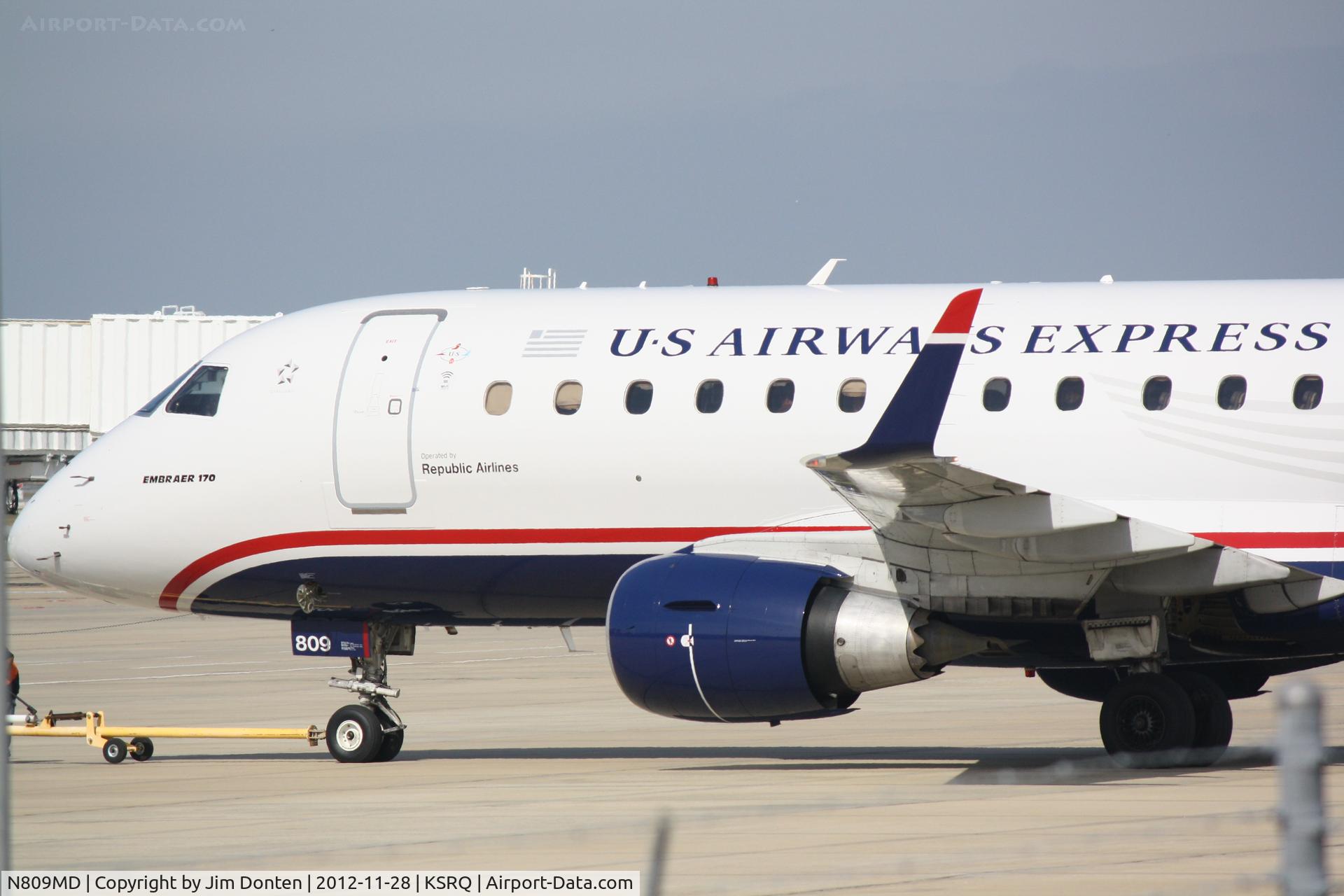 N809MD, 2004 Embraer 170SU (ERJ-170-100SU) C/N 17000022, US Air Flight 3396 operated by Republic (N809MD) prepares for flight at Sarasota-Bradenton International Airport