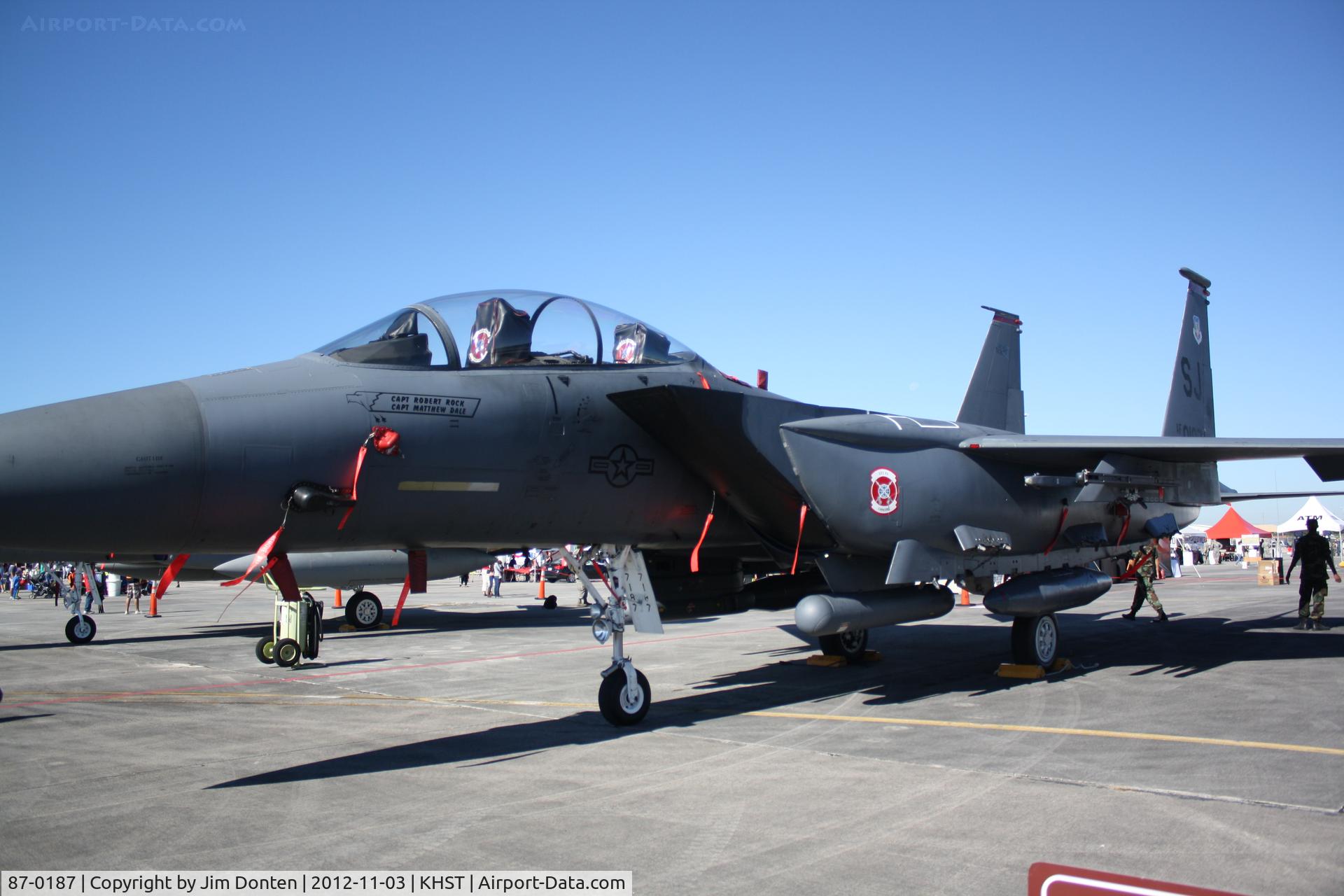87-0187, 1987 McDonnell Douglas F-15E Strike Eagle C/N 1052/E027, F-15 Strike Eagle (87-187)  from the 4th Fighter Wing at Seymour Johnson Air Force Base sits on static display at Wings over Homestead
