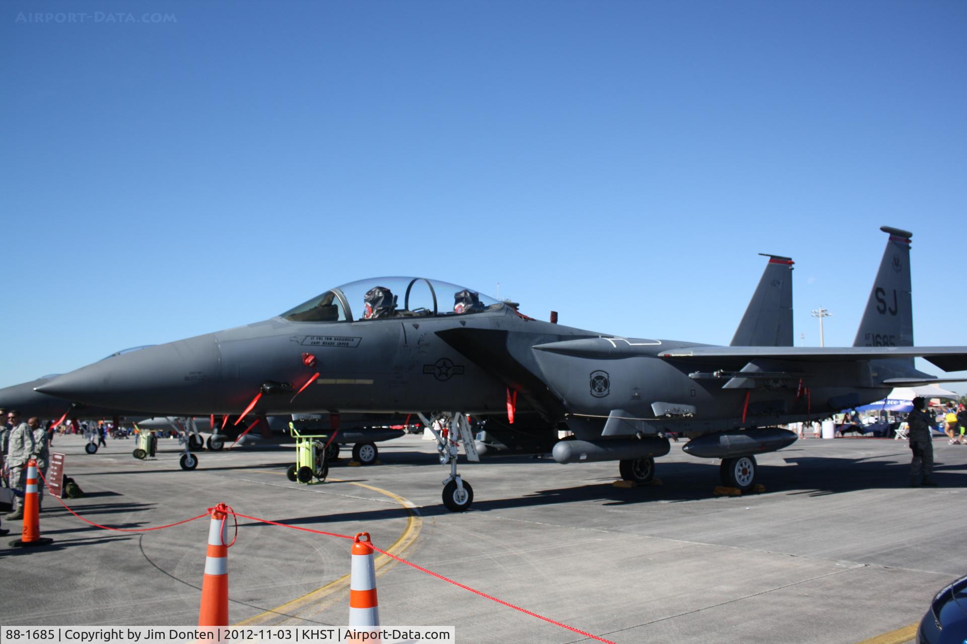 88-1685, 1988 McDonnell Douglas F-15E Strike Eagle C/N 1094/E069, F-15 Strike Eagle (88-1685) from the 4th Fighter Wing at Seymour Johnson Air Force Base sits on static display at Wings over Homestead