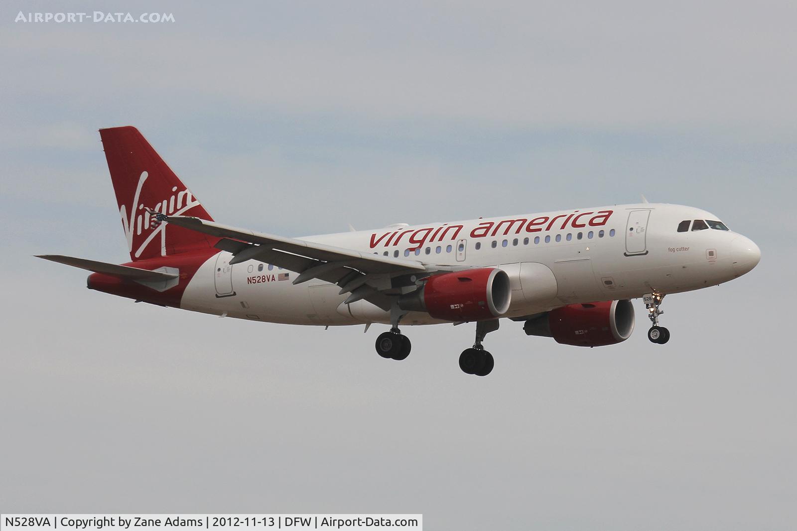 N528VA, 2008 Airbus A319-112 C/N 3445, Virgin America landing at DFW Airport