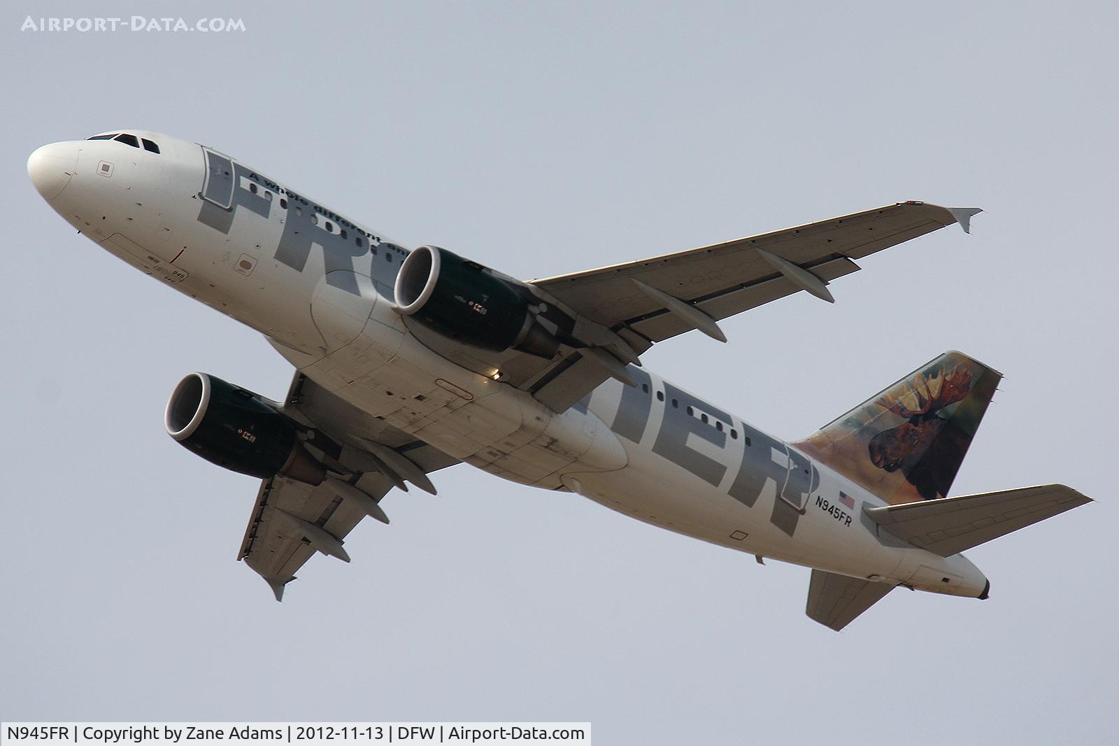 N945FR, 2006 Airbus A319-111 C/N 2751, Frontier Airlines departing DFW Airport