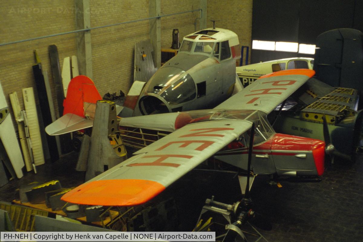 PH-NEH, Auster J-5B Autocar C/N 2932, Auster PH-NEH was not airworthy between 1972 and 1991. Here it is seen in 1981 or 1982 in the study hall of the Aircraft Engineering department of the Technical School HTS in Haarlem, the Netherlands.