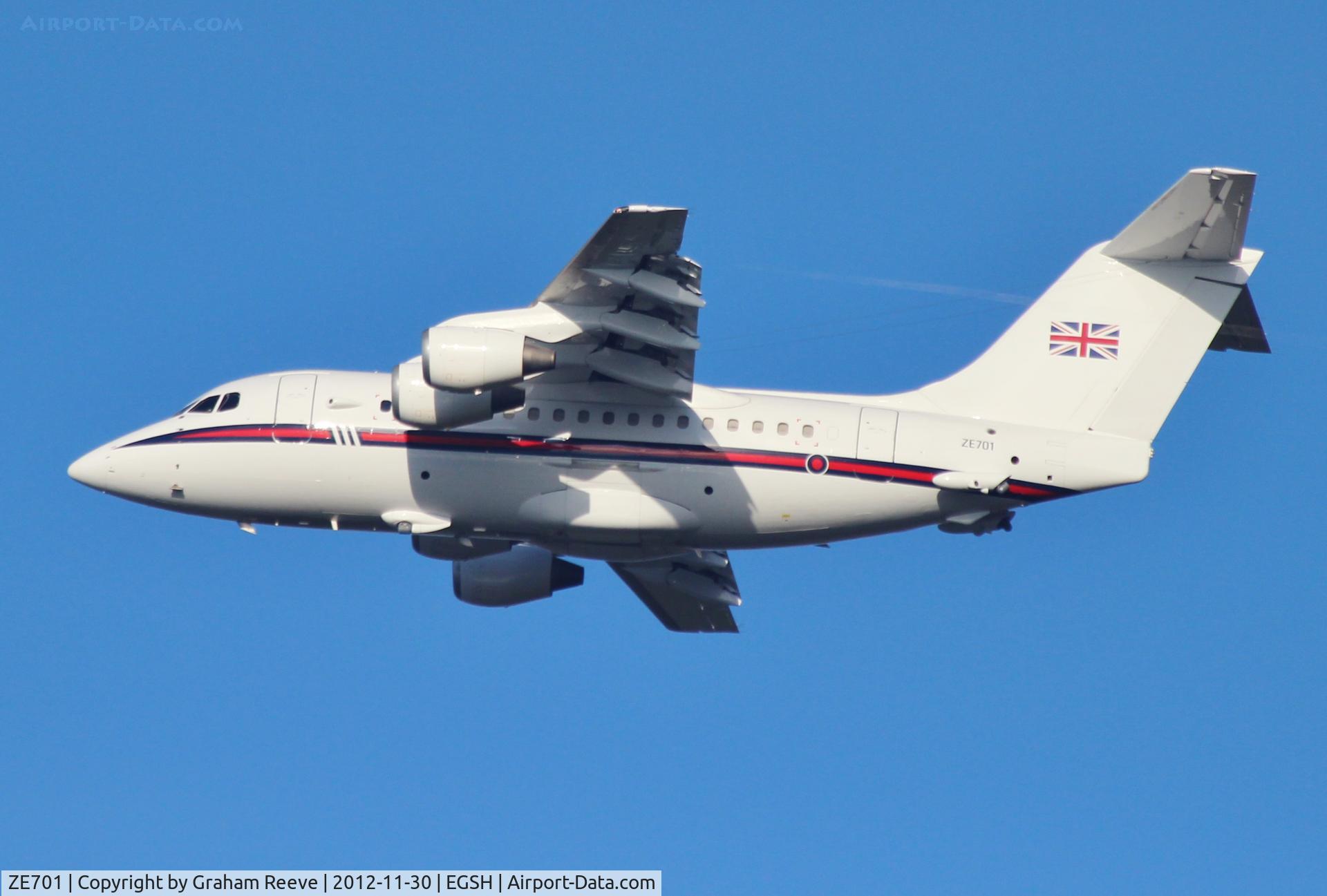 ZE701, 1985 British Aerospace BAe.146 CC.2 C/N E1029, Departing from Norwich.