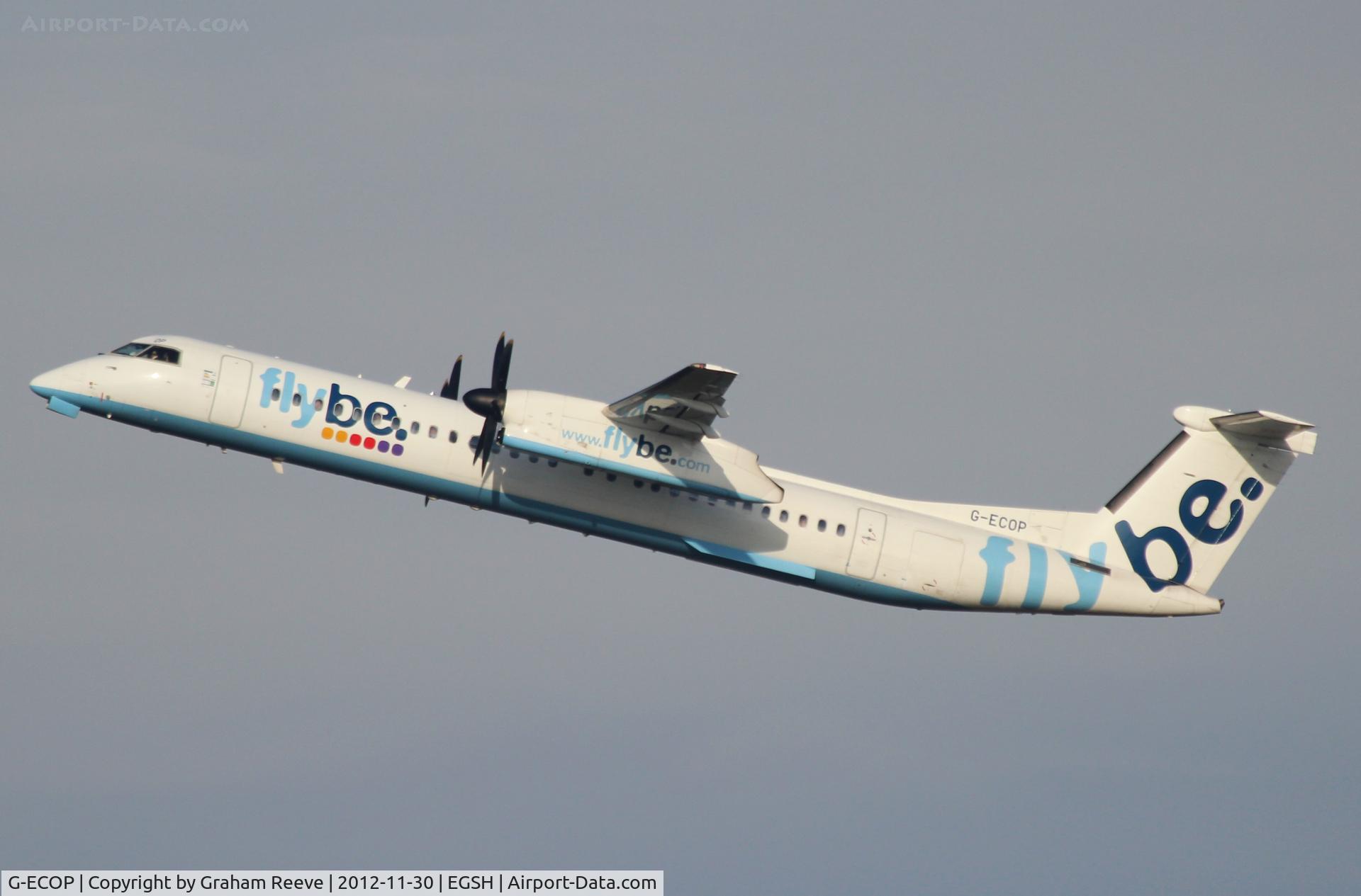 G-ECOP, 2009 De Havilland Canada DHC-8-402Q Dash 8 C/N 4242, Departing from Norwich.