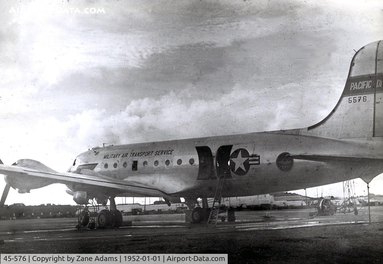 45-576, 1945 Douglas C-54G Skymaster C/N 36029, Photgraphed on Okinawa 1952 - 45-5576 (c/n 36029) to US Coast Guard.  Later to civil registry as N13060, CF-KAE, then 9Q-COF Scrapped in Africa