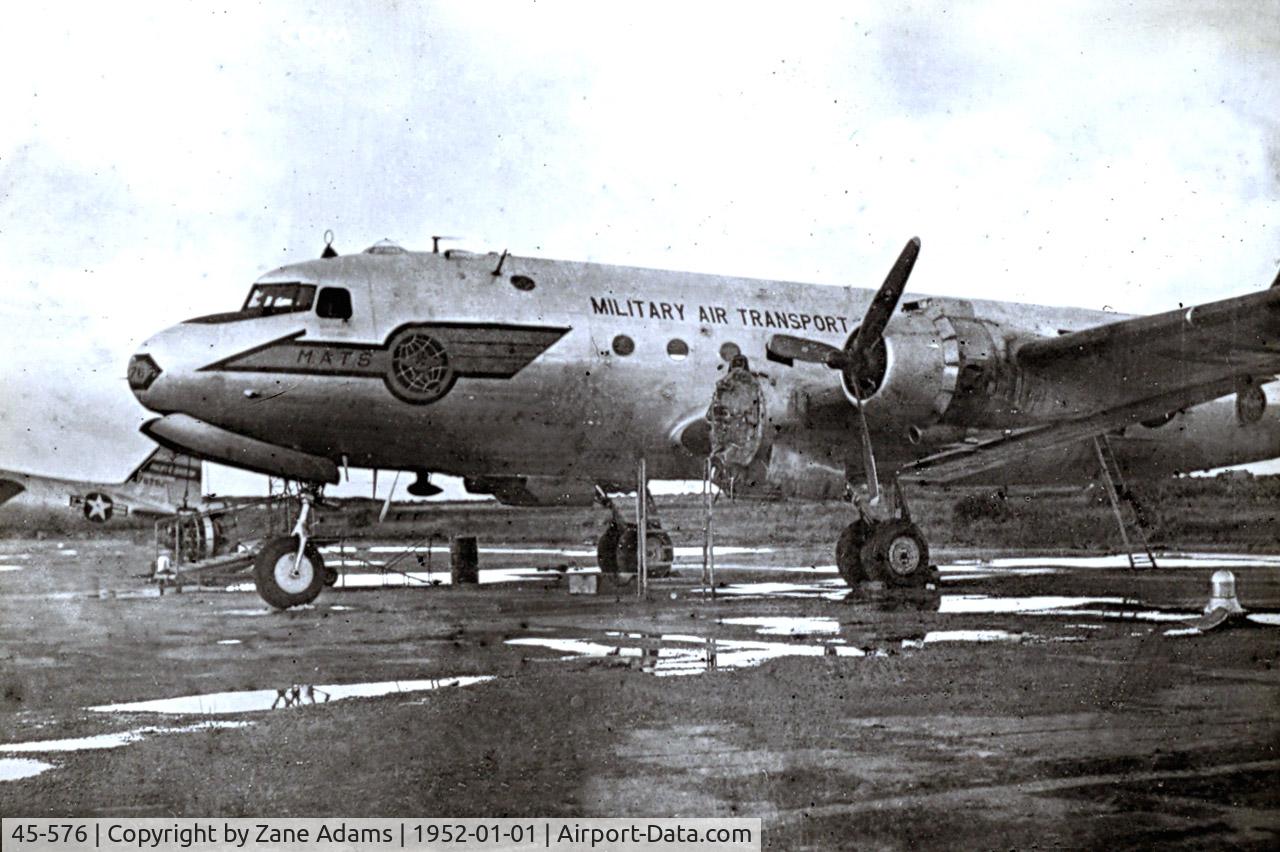 45-576, 1945 Douglas C-54G Skymaster C/N 36029, Photographed on Okinawa @ 1952 - 45-0576 (c/n 36029) to US Coast Guard.  Later to civil registry as N13060, CF-KAE, then 9Q-COF