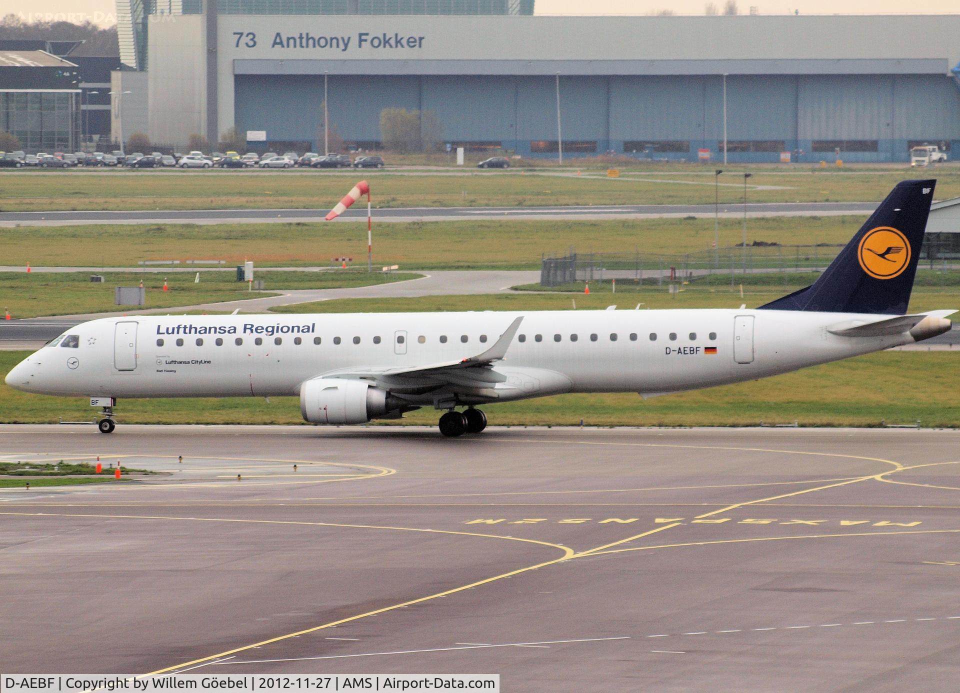 D-AEBF, 2011 Embraer 195LR (ERJ-190-200LR) C/N 19000411, Taxi to runway 09 of Schiphol Airport