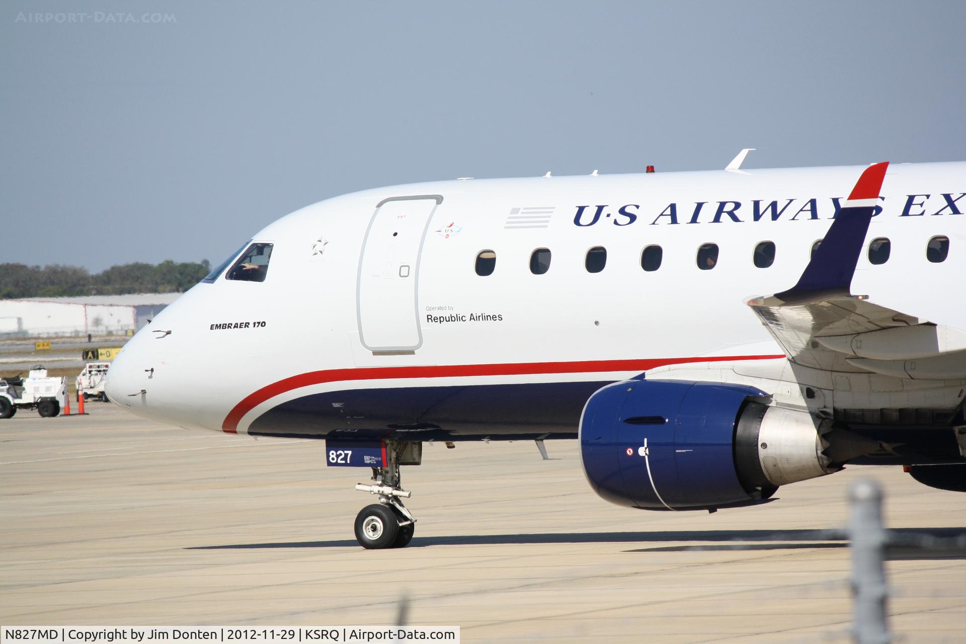N827MD, 2005 Embraer 170SU (ERJ-170-100SU) C/N 17000047, US Air Flight 3396 operated by Republic (N827MD) prepares for flight at Sarasota-Bradenton International Airport