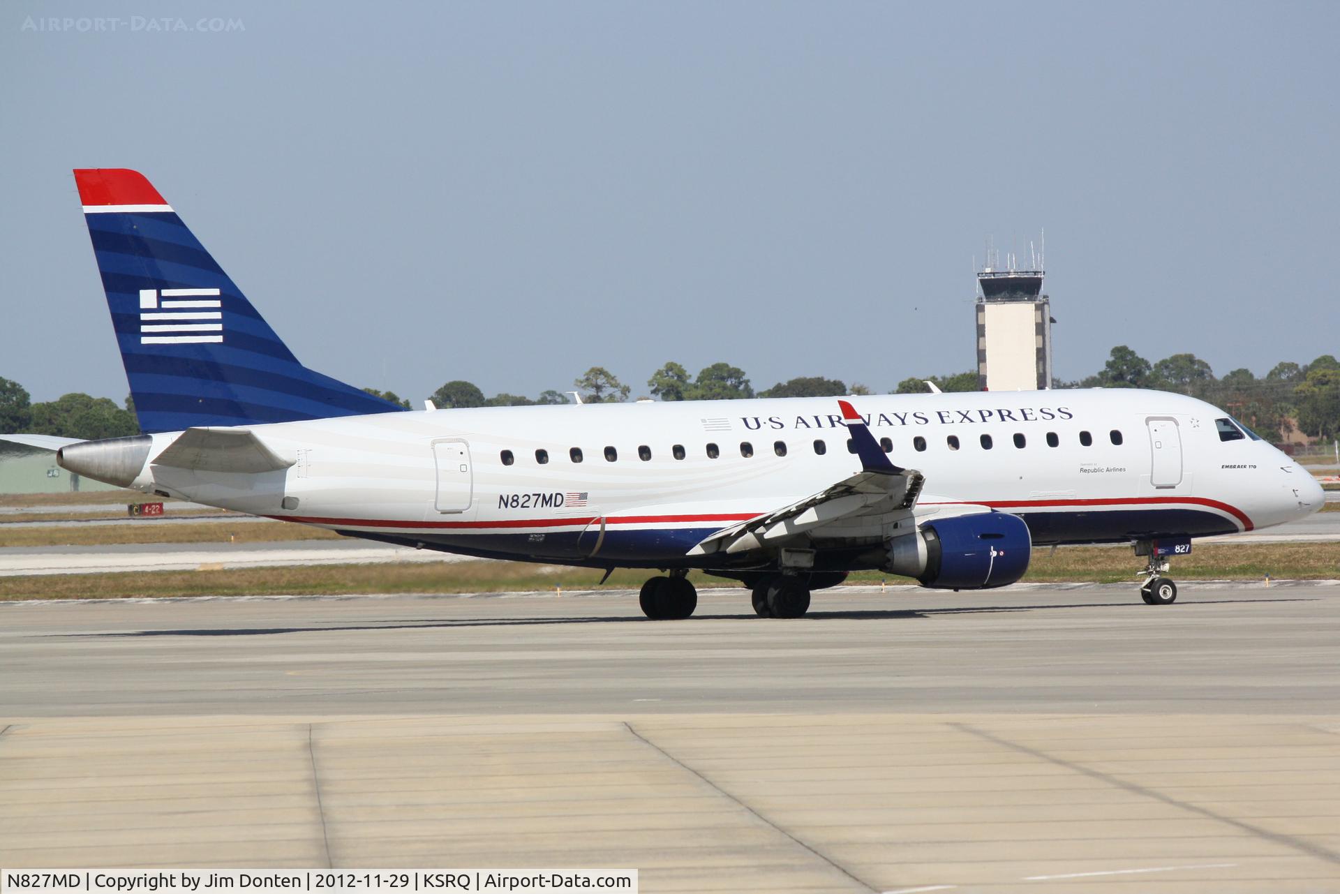 N827MD, 2005 Embraer 170SU (ERJ-170-100SU) C/N 17000047, US Air Flight 3396 operated by Republic (N827MD) prepares for flight at Sarasota-Bradenton International Airport