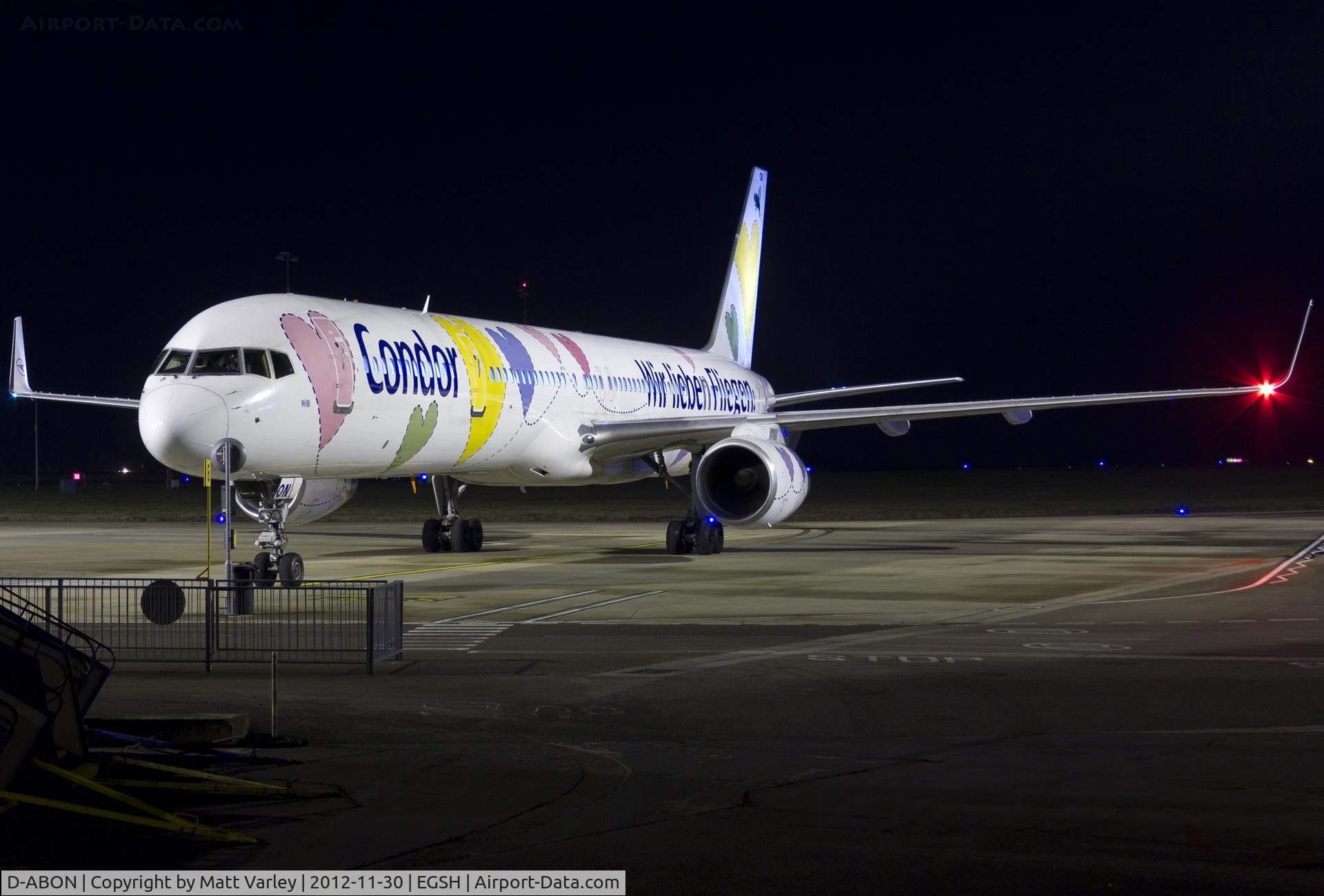 D-ABON, 2000 Boeing 757-330 C/N 29023, Sat on stand at EGSH.