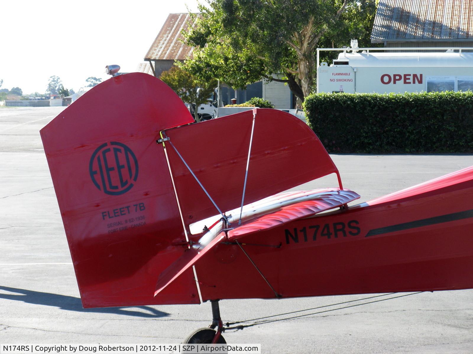 N174RS, 1936 Fleet 7B C/N 62, 1937 Fleet 7B, Kinner 5B 125 Hp 5 cylinder radial, elephant-ear balanced rudder. Named for it's maker-Major Reuben Fleet, Founder of Consolidated Aircraft.