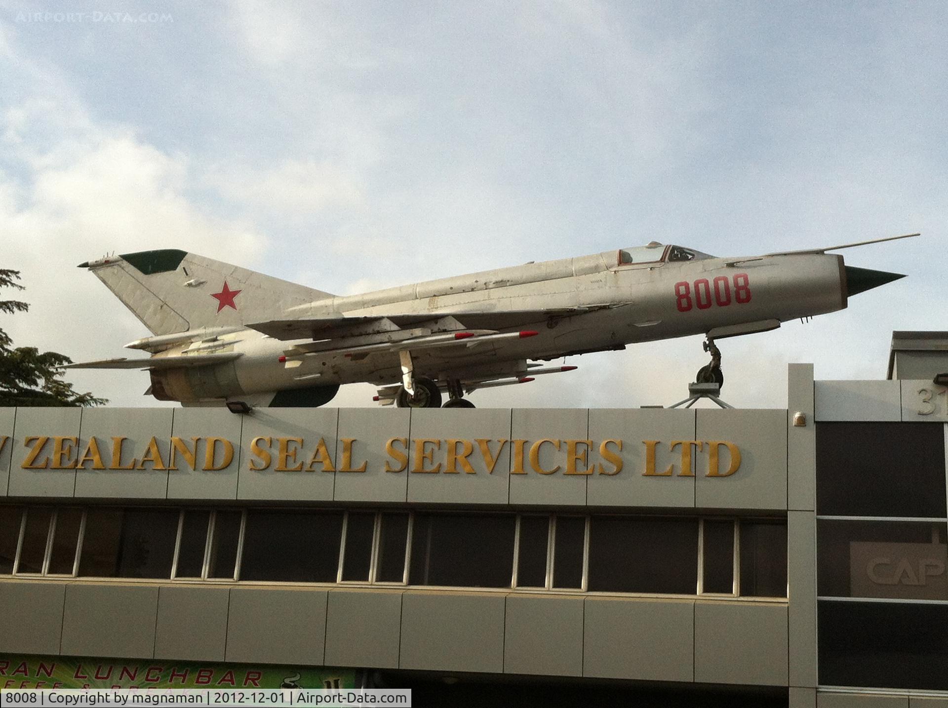 8008, Mikoyan-Gurevich MiG-21MF C/N 968008, On top of roof of owner's business in central south auckland. c/n possibly 968008 - not sure. Contact me if you want exact address if you are visiting the city - I can give directions from airport too.