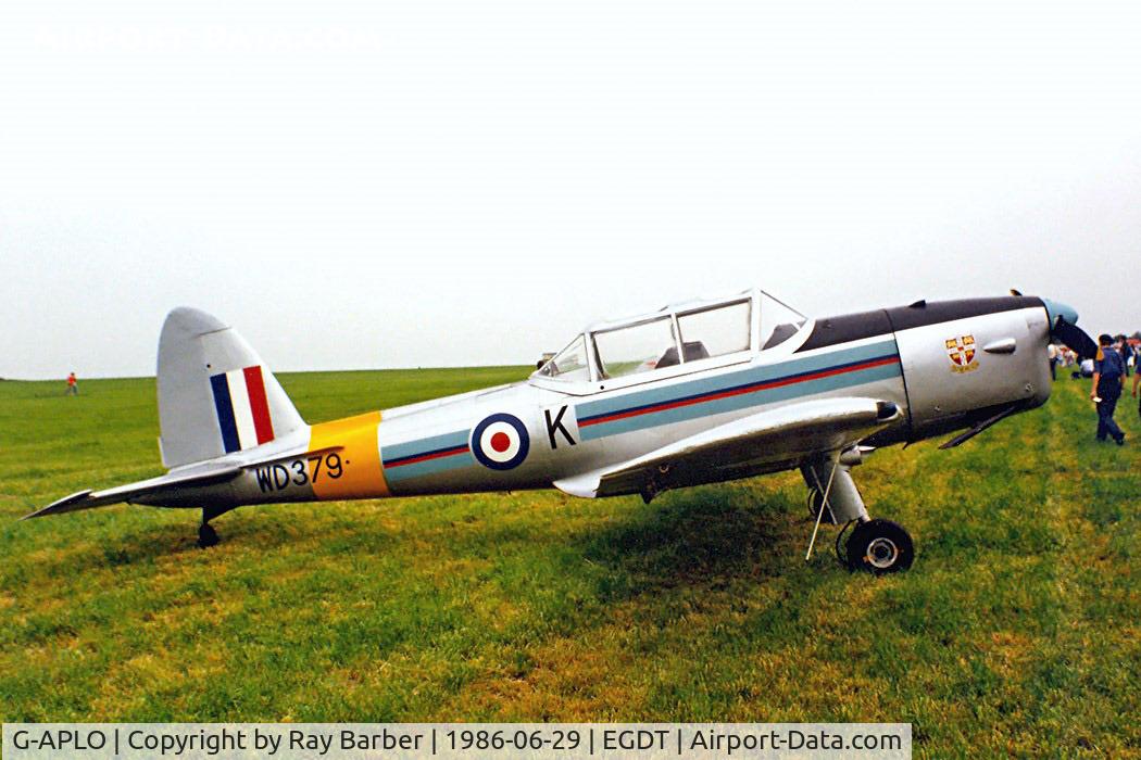G-APLO, 1950 De Havilland DHC-1 Chipmunk T.10 C/N C1/0144, DHC-1 Chipmunk 22A [C1/0144] Wroughton~G 29/06/1986.  Wearing former military marks.