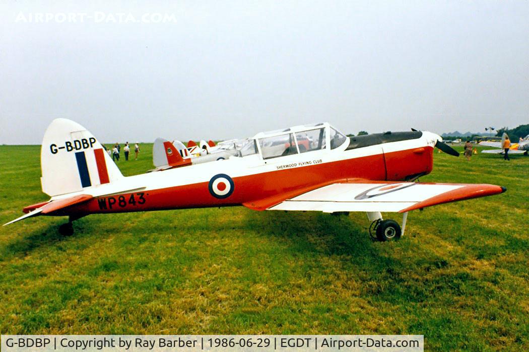 G-BDBP, 1952 De Havilland DHC-1 Chipmunk T.10 C/N C1/0727, DHC-1 Chipmunk 22  [C1/0727] Wroughton~G 29/06/1986. Also wears former military marks.