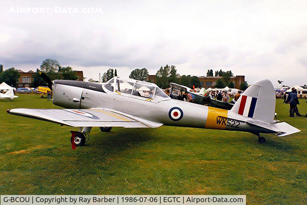 G-BCOU, 1952 De Havilland DHC-1 Chipmunk T.10 C/N C1/0559, DHC-1 Chipmunk 22 [C1/0559] Cranfield~G 06/07/1986. Wears former military marks.