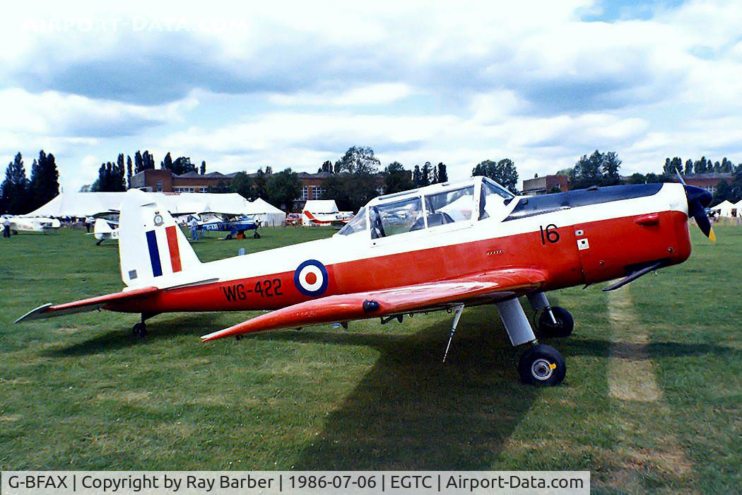 G-BFAX, 1951 De Havilland DHC-1 Chipmunk 22 C/N C1/0496, DHC-1 Chipmunk 22 [C1/0496] Cranfield~G 06/07/1986. Wearing unusual former military marks with a hyphen in the middle.