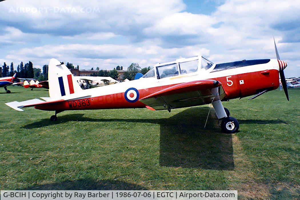 G-BCIH, 1951 De Havilland DHC-1 Chipmunk 22 C/N C1/0304, DHC-1 Chipmunk 22 [C1/0304] Cranfield~G 06/07/1986. Wearing former military marks as well as either faded or partially removed civil registration.