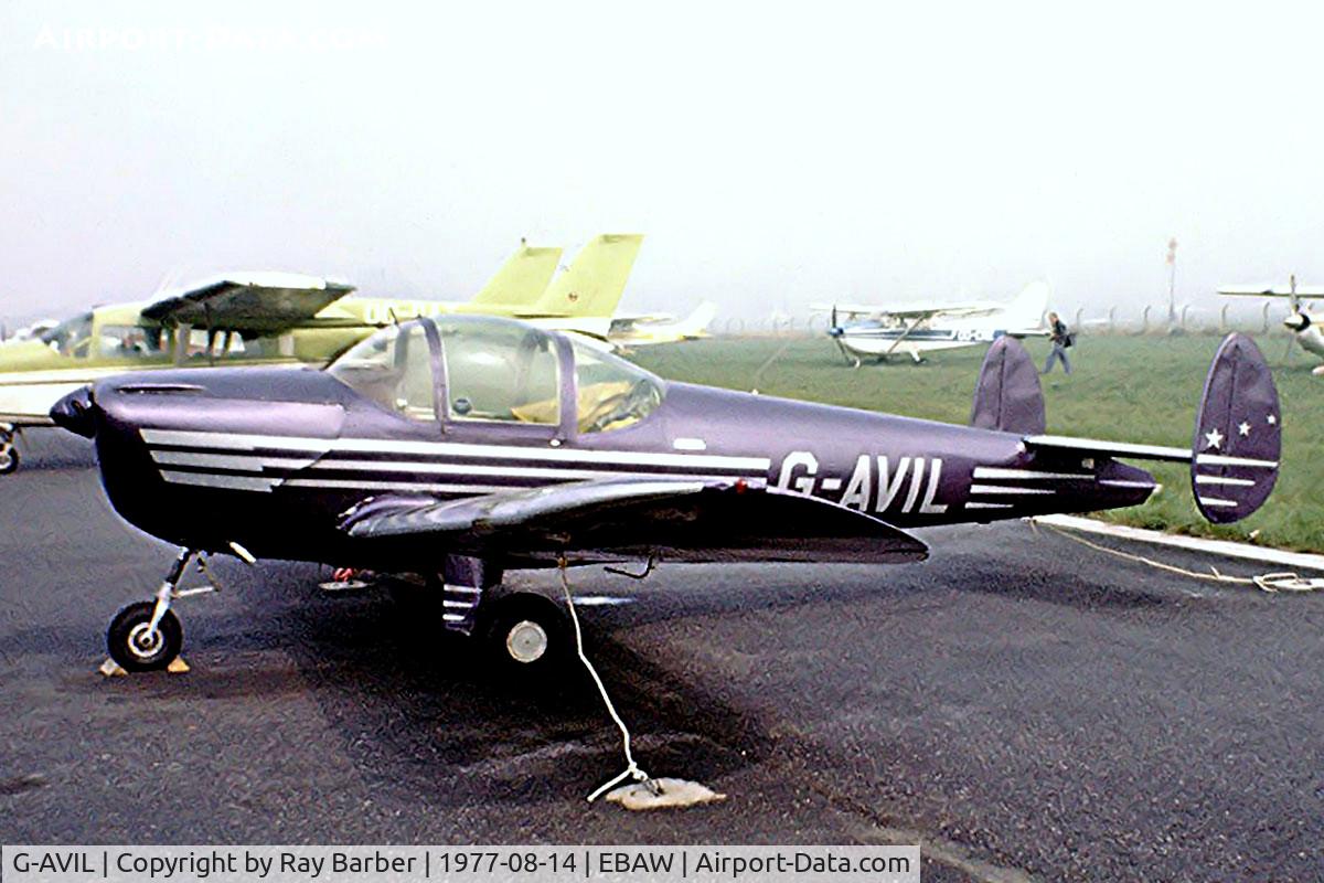 G-AVIL, 1965 Alon A-2 Aircoupe C/N A-5, Alon A-2 Aircoupe [A-5] Antwerp-Deurne~OO 14/08/1977. Image taken from a slide.