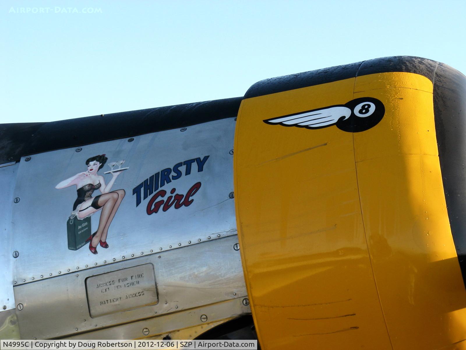 N4995C, 1949 North American T-6G Texan C/N 168-481, 1949 North American T-6G TEXAN 'Thirsty Girl', P&W R-1340 Wasp 600 Hp radial, 1949 Factory remanufacture, Experimental class, logos