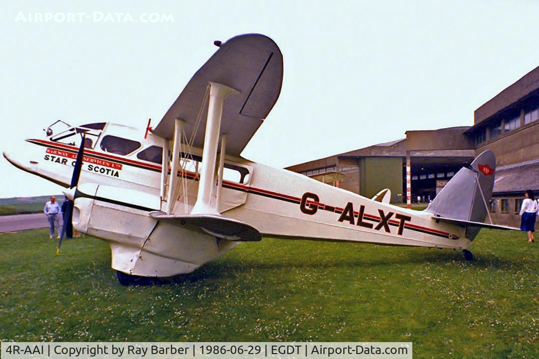 4R-AAI, 1944 De Havilland DH-89A Dominie/Dragon Rapide C/N 6736, De Havilland DH.89A Dragon Rapide [6736] Wroughton~G 29/06/1986. Although marked G-ALXT this was only from 24/01/1950 to 07/1951. Now preserved with the Science Museum Wroughton  where this was displayed.