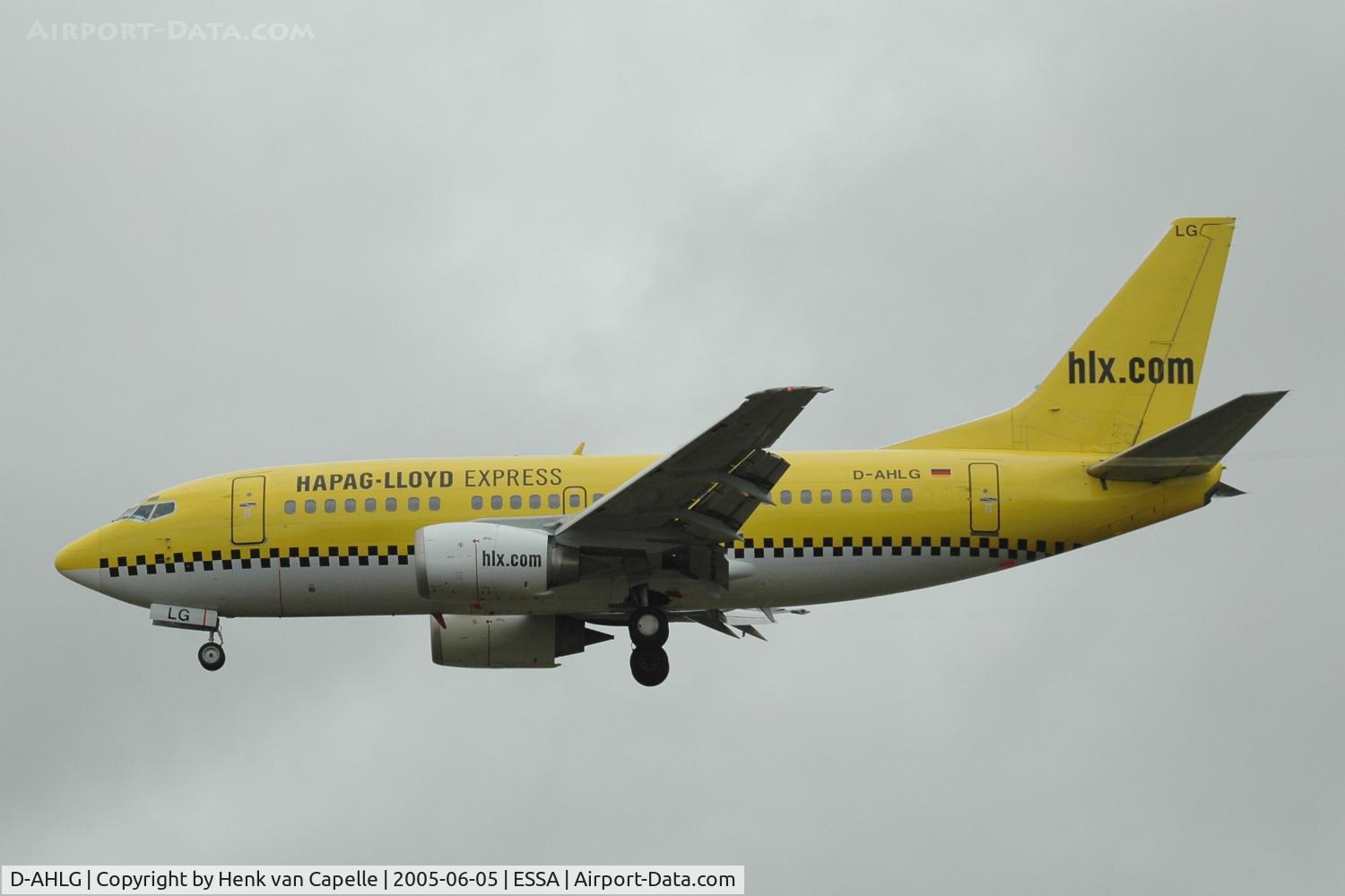 D-AHLG, 1990 Boeing 737-5K5 C/N 24776, Hapag-Lloyd Express Boeing 737-500 on approach to Stockholm Arlanda airport, Sweden.