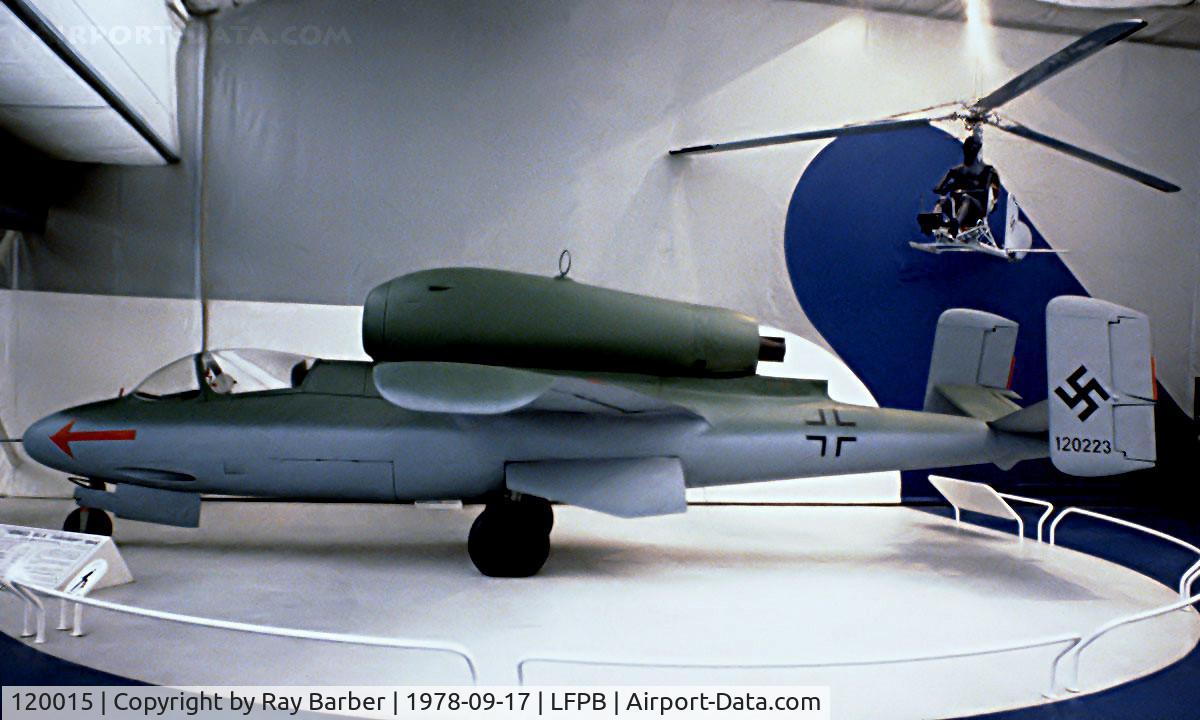 120015, Heinkel He-162A-2 Volksjager C/N 120015, Heinkel He.162 A-1 [120015] Paris-Le Bourget~F 17/09/1978 Marked *120223* was thought at one stage to be this aircraft until being rebuilt true identity was discovered and that the tail fin was used from the other aircraft. Image taken from a slide.