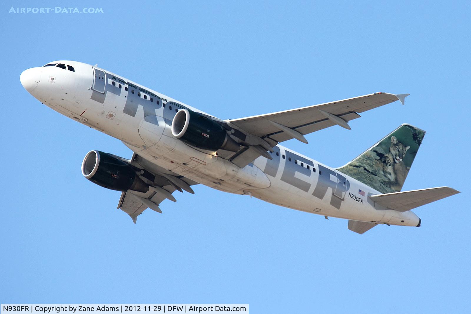 N930FR, 2004 Airbus A319-111 C/N 2241, Frontier Airlines departing DFW Airport