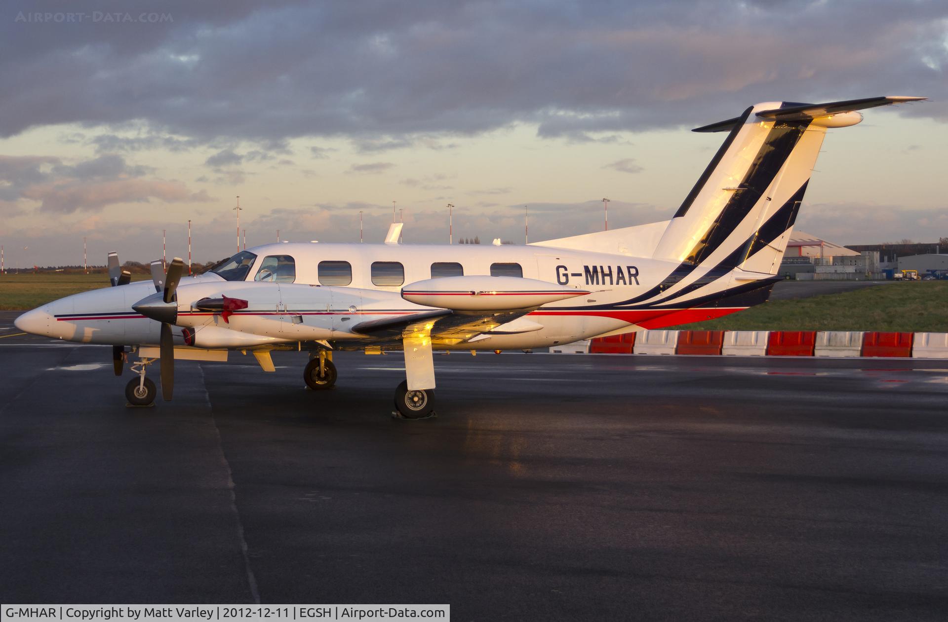 G-MHAR, 1984 Piper PA-42-720 Cheyenne IIIA C/N 42-5501020, Sat on stand at SaxonAir in the setting sun.