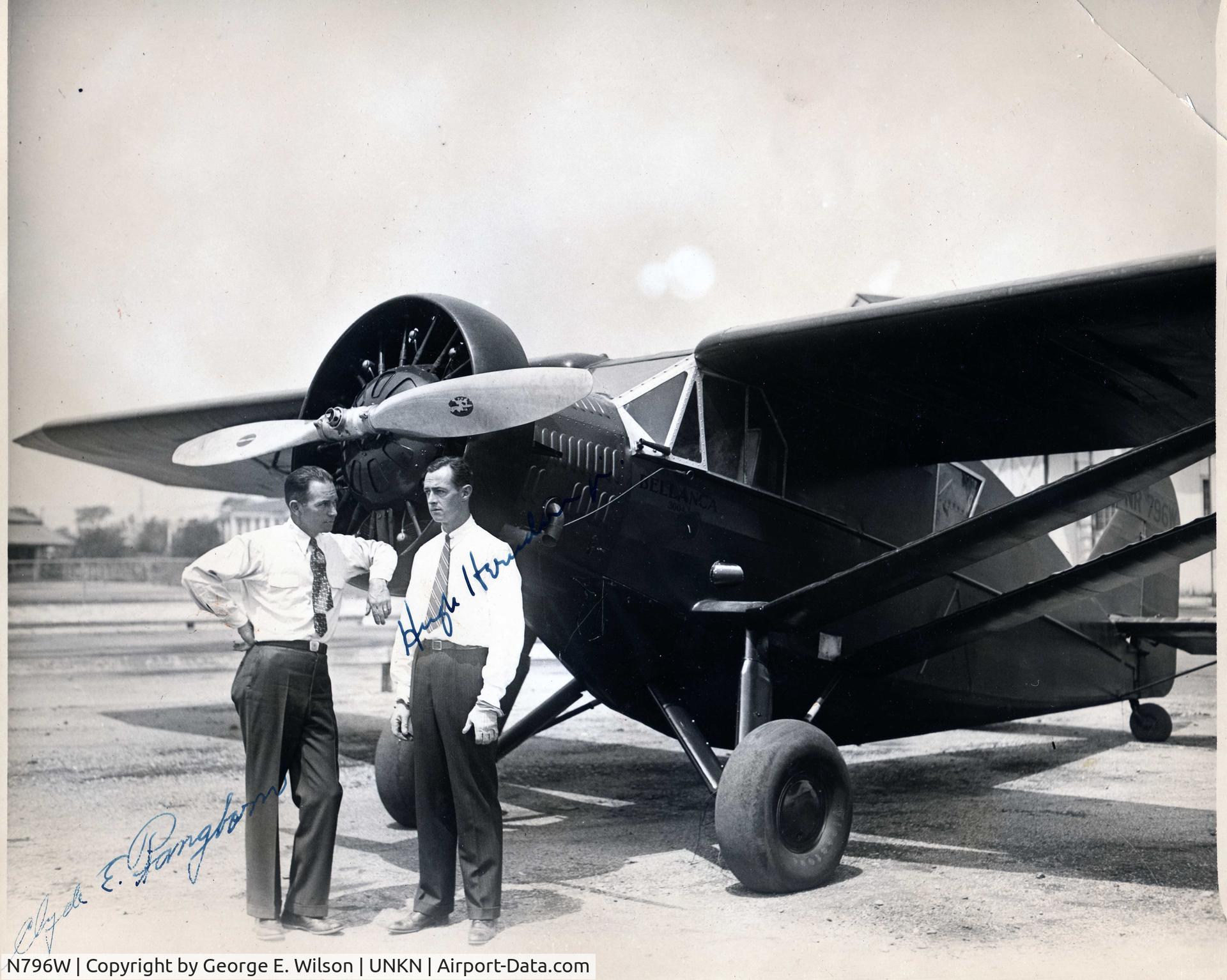 N796W, 2003 Bellanca CH-400 Skyrocket (replica) C/N 3004, An autographed photo I have of Herndon and Pangborn standing in front of their airplane, NR796W.  Enlarging the photo reveals 