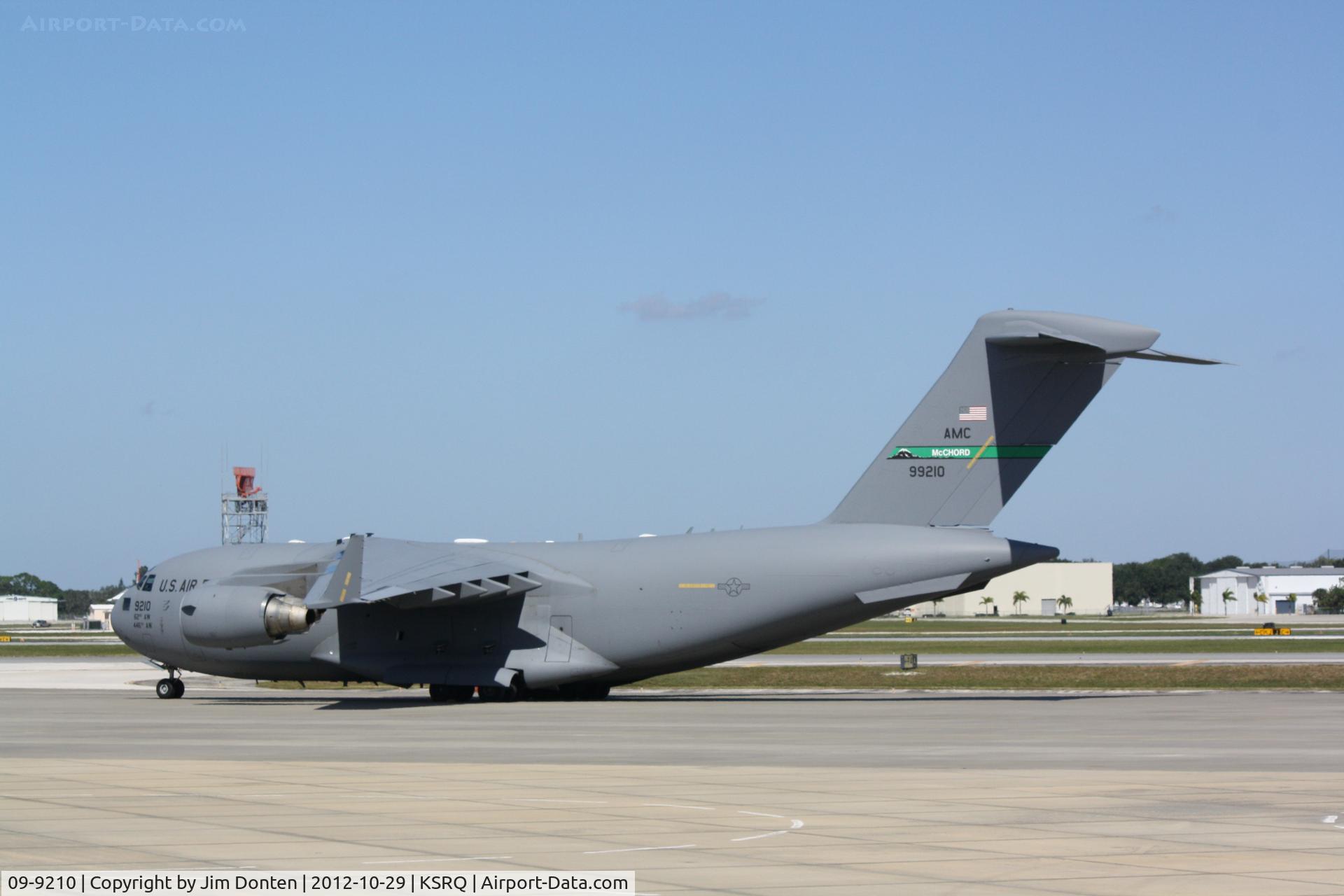 09-9210, 2009 Boeing C-17A Globemaster III C/N P-210, USAF C-17 Globemaster III (09-9210) of the 62nd Airlift Wing/446th Airlift Wing from McCord Air Force Base sits on the ramp at Sarasota-Bradenton International Airport in support of a visit from VP Joe Biden